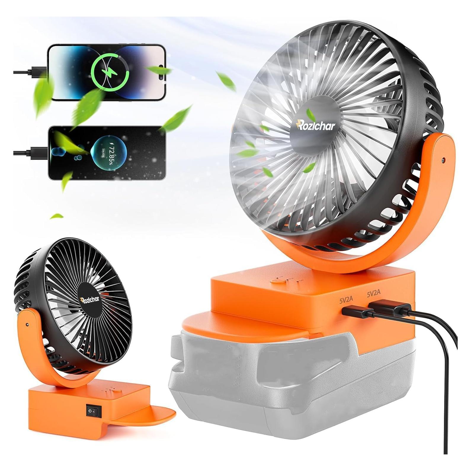 Rozlchar Portable Cordless Fan Compatible For Ridgid 18V Battery, Work for L1815R B1820R L1830R, Brushless Motor With USB A/C Fast Charging For Camping Workshop and Construction Site(No Battery)