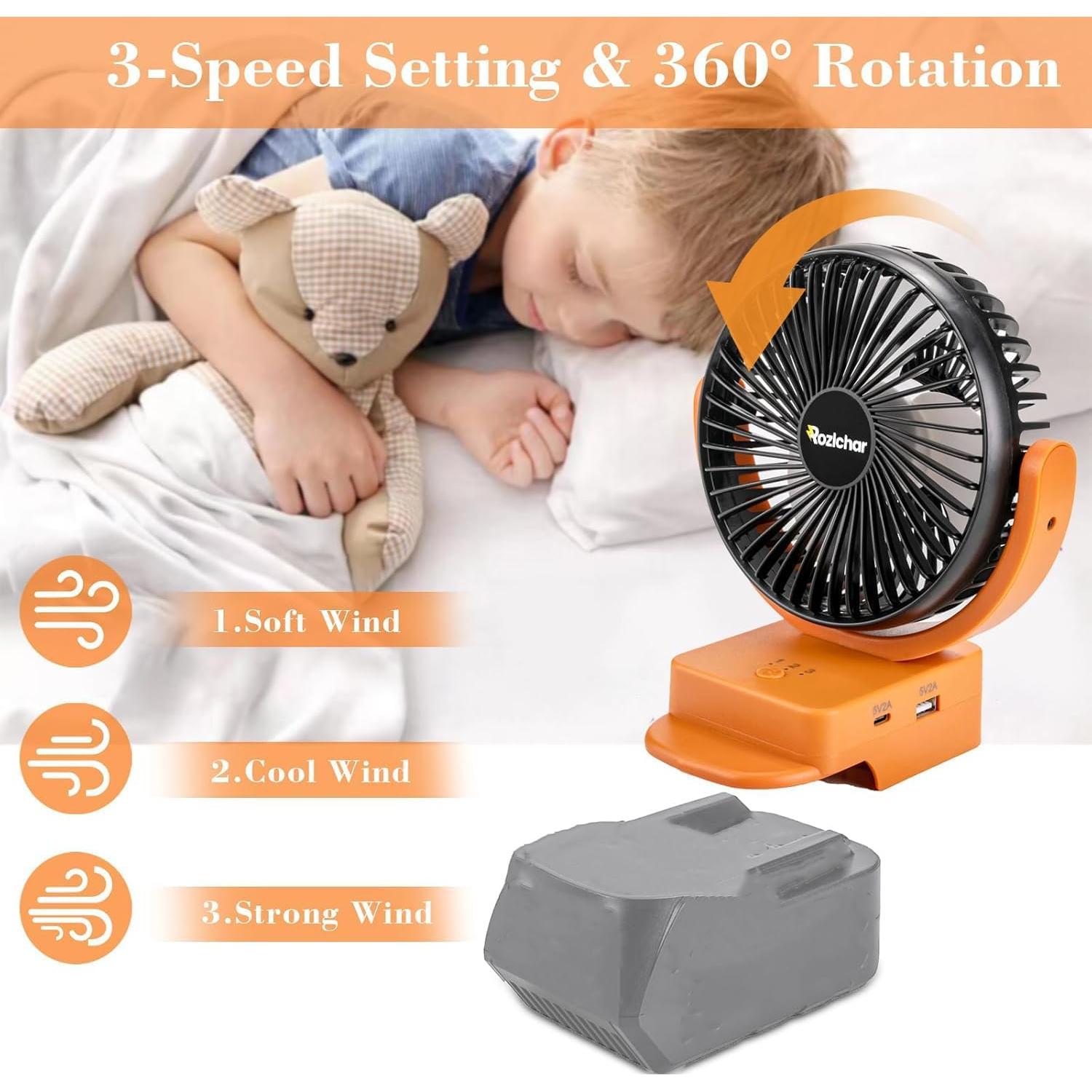 Rozlchar Portable Cordless Fan Compatible For Ridgid 18V Battery, Work for L1815R B1820R L1830R, Brushless Motor With USB A/C Fast Charging For Camping Workshop and Construction Site(No Battery)