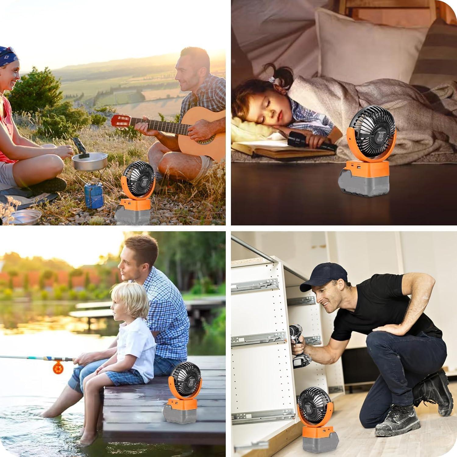 Rozlchar Portable Cordless Fan Compatible For Ridgid 18V Battery, Work for L1815R B1820R L1830R, Brushless Motor With USB A/C Fast Charging For Camping Workshop and Construction Site(No Battery)