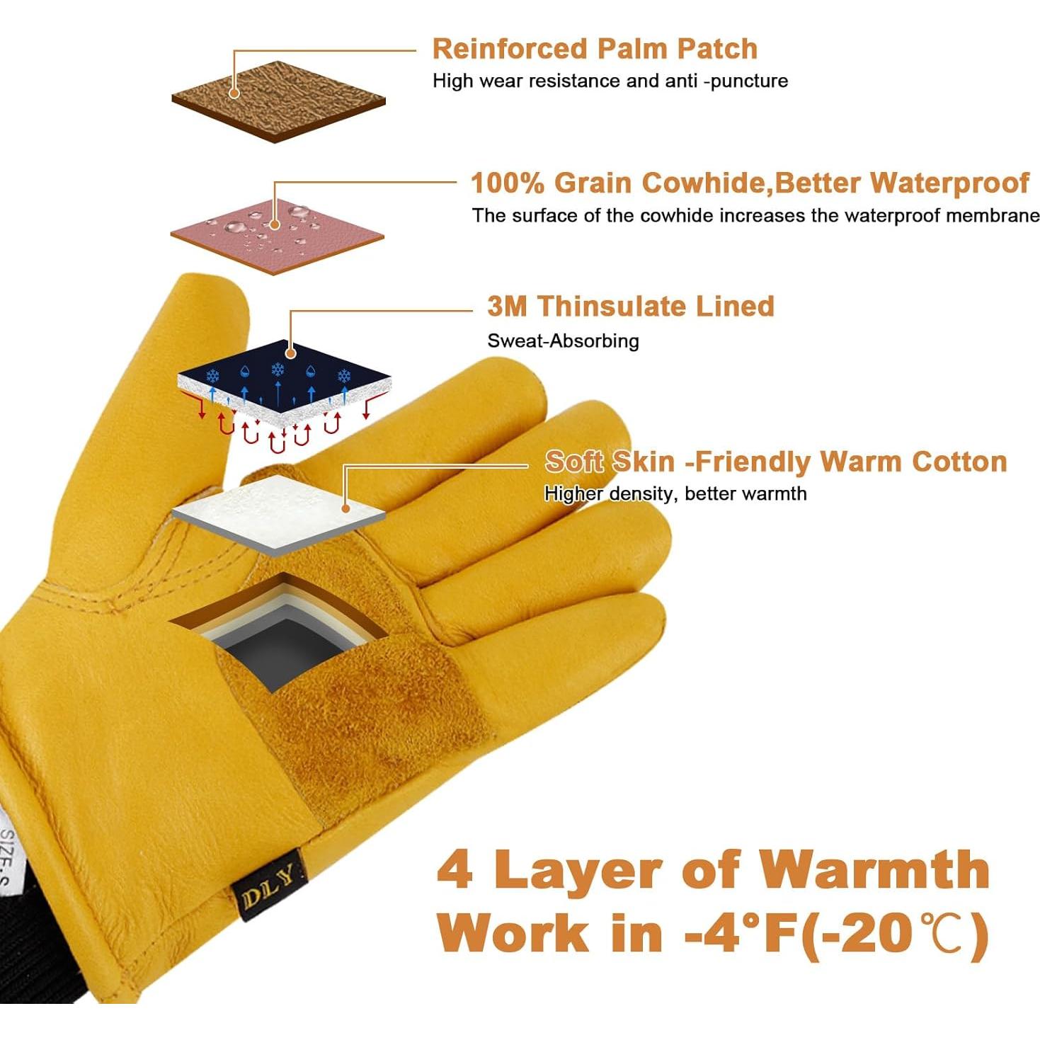 Guantes de trabajo DLY de cuero con aislamiento Thinsulate