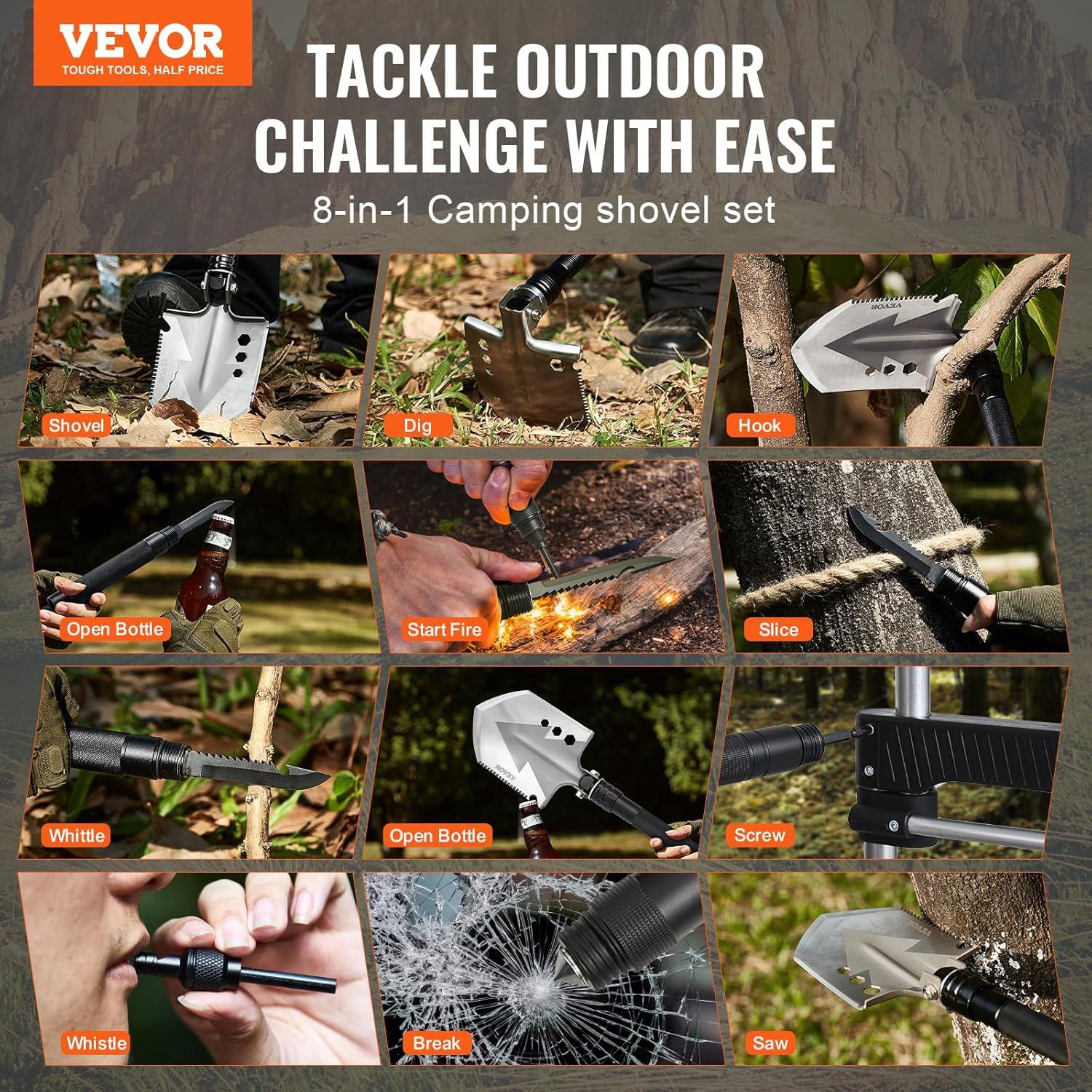 Pala de Supervivencia VEVOR 8 en 1 Plegable Acero Inoxidable