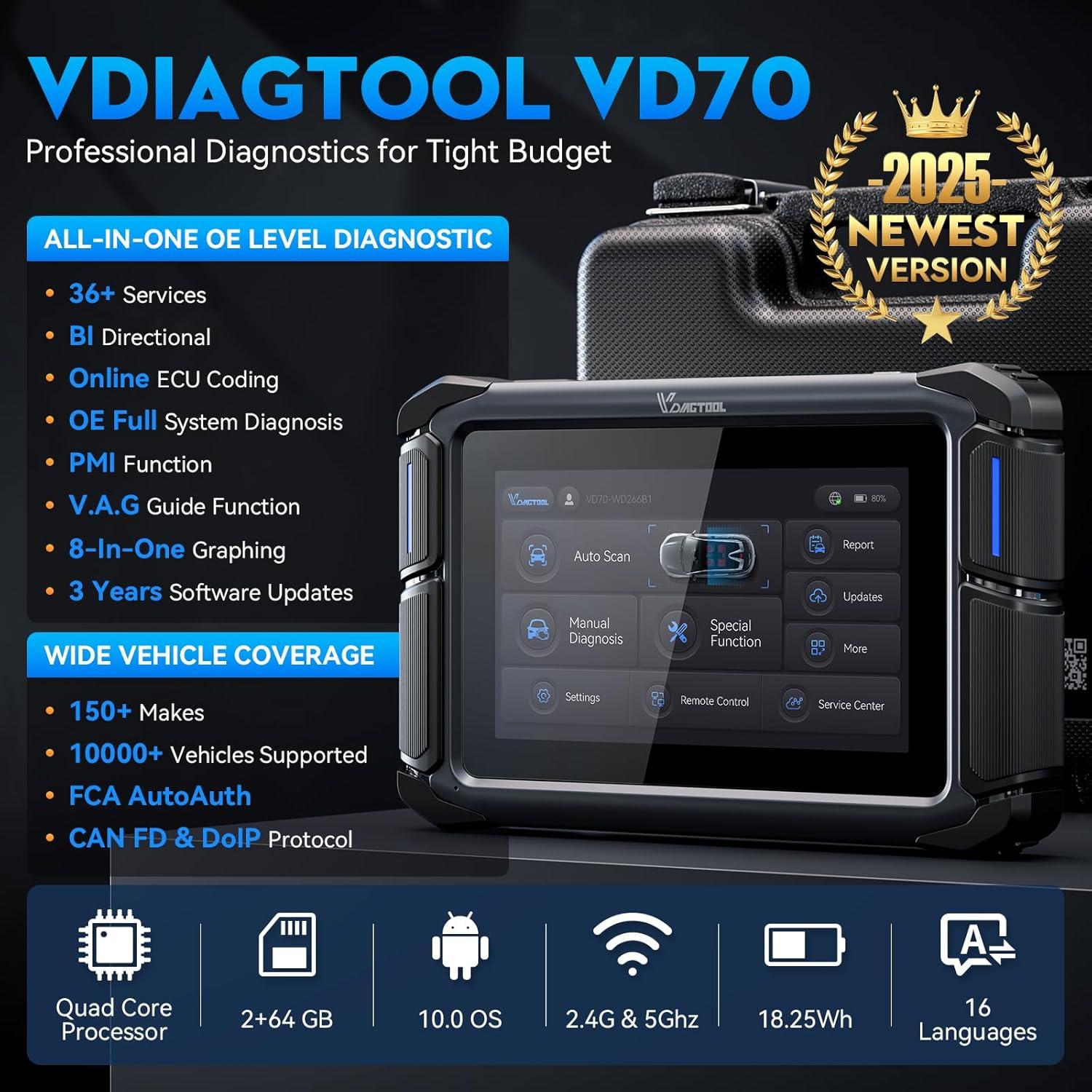 VDIAGTOOL VD70 Escáner OBD2 Bidireccional con 36+ Funciones