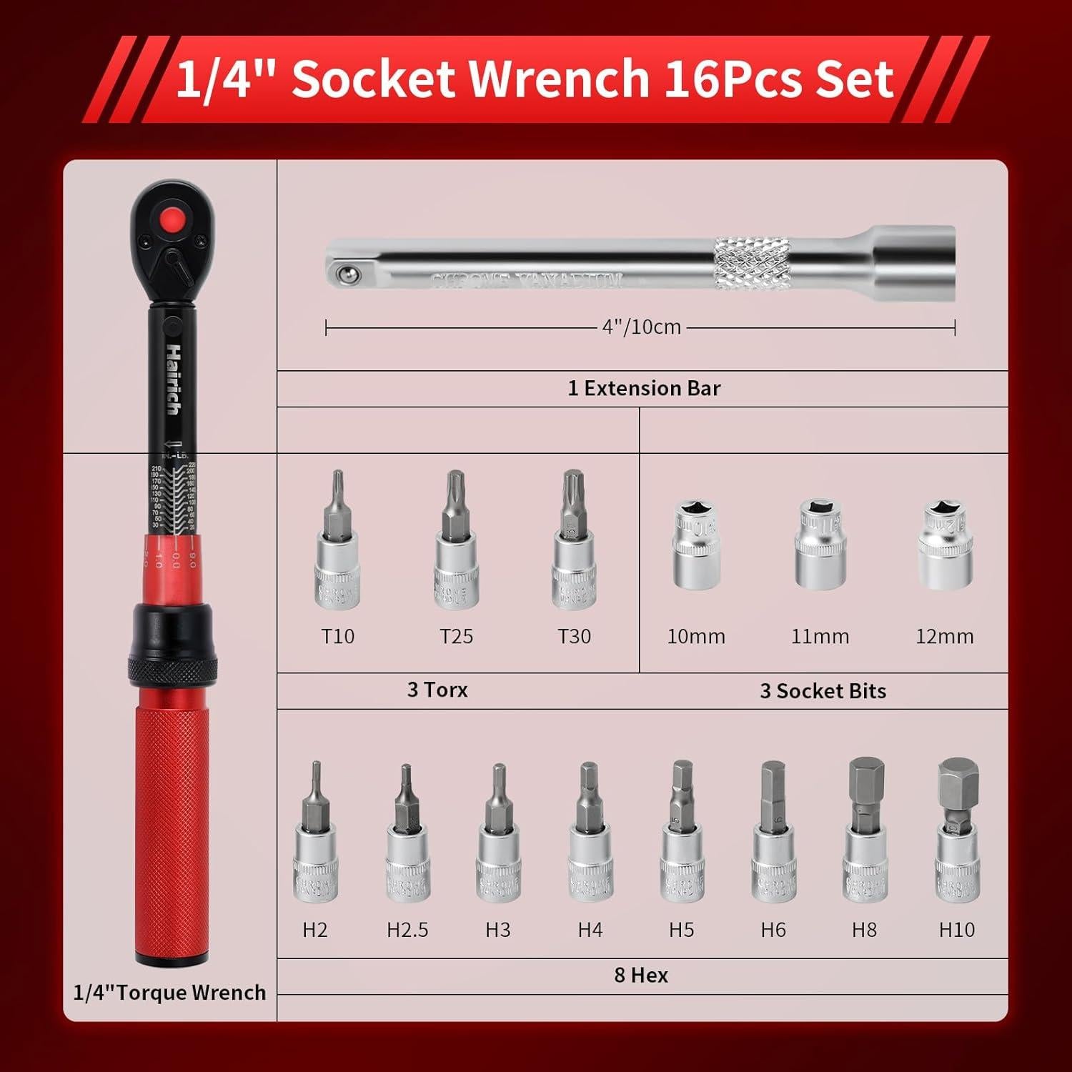 Juego de Llave de Torque Hairich 16PCS 2.3-24.9 N.M para Bicicleta