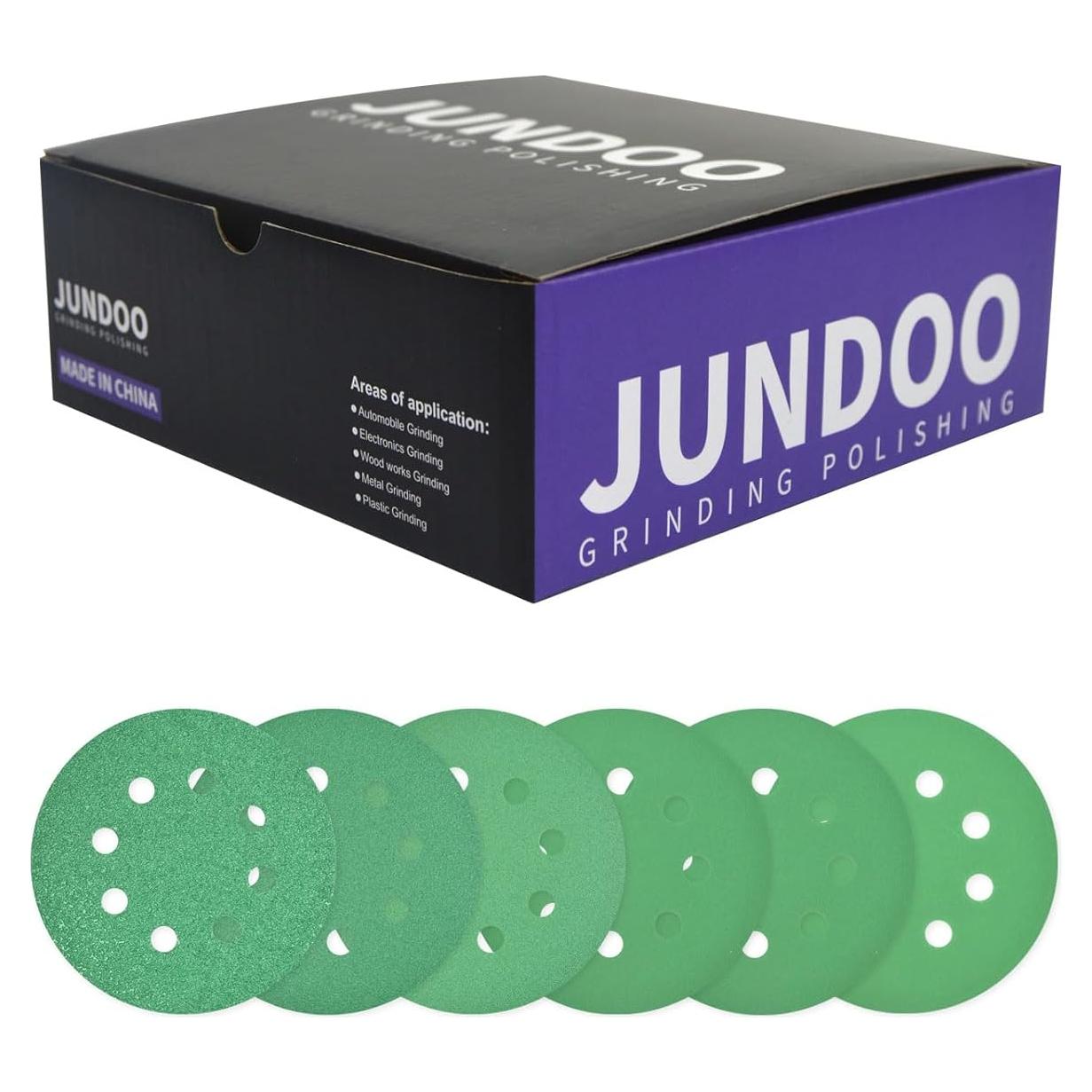 JUNDOO 40 Grit 5 Inch 8 Hole Green Film Hook and Loop Sanding Discs for Automotive and Woodworking 25 Pcs