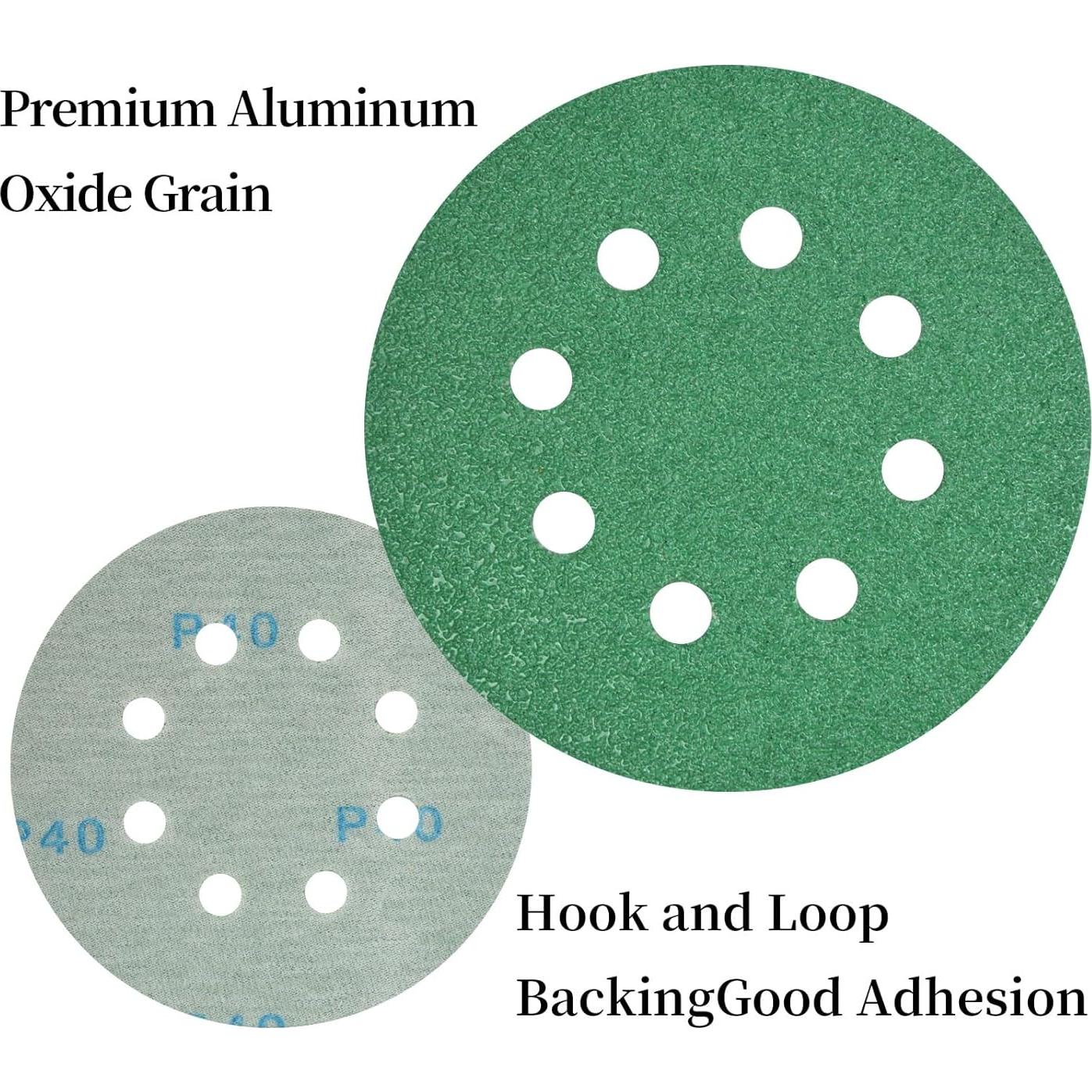 JUNDOO 40 Grit 5 Inch 8 Hole Green Film Hook and Loop Sanding Discs for Automotive and Woodworking 25 Pcs