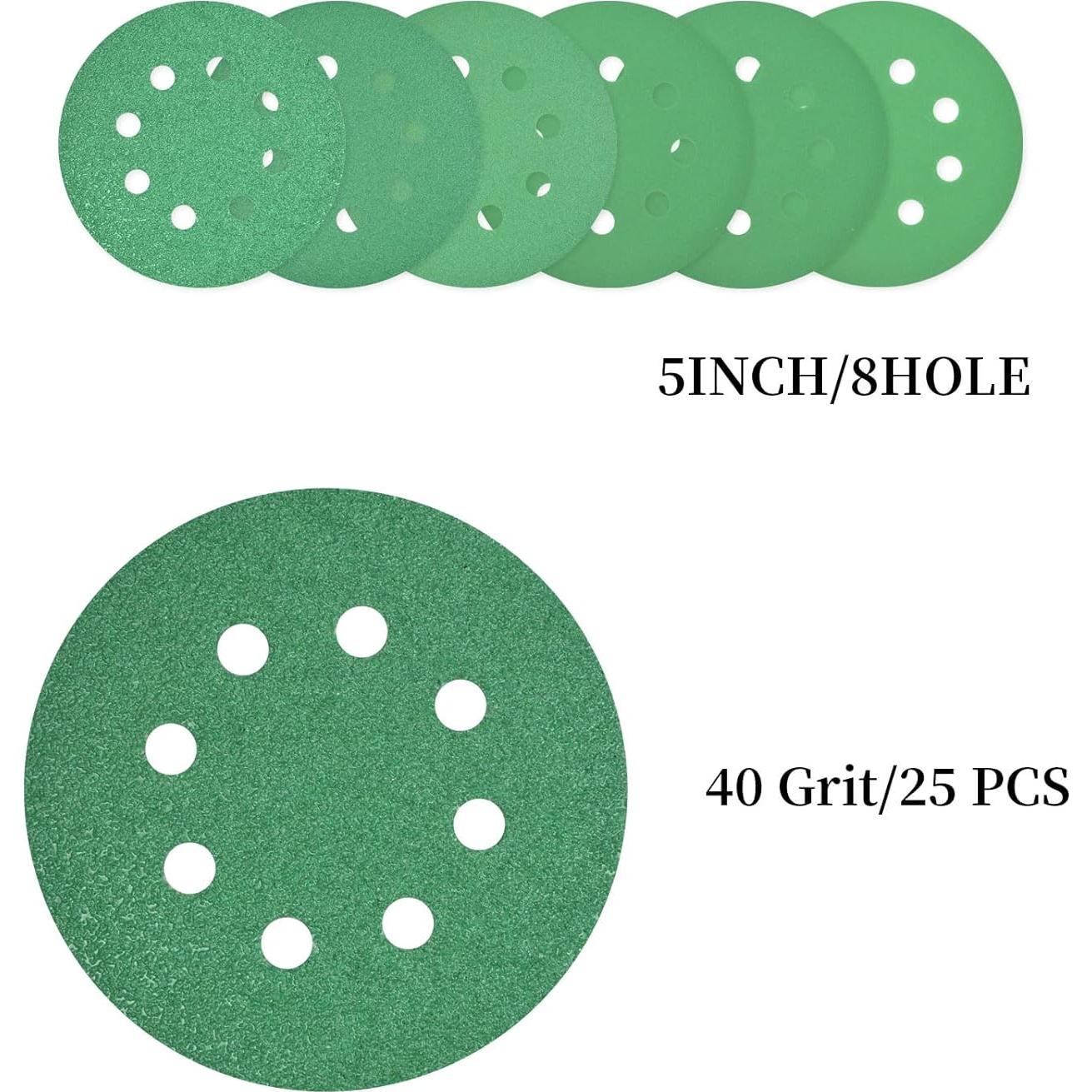 JUNDOO 40 Grit 5 Inch 8 Hole Green Film Hook and Loop Sanding Discs for Automotive and Woodworking 25 Pcs