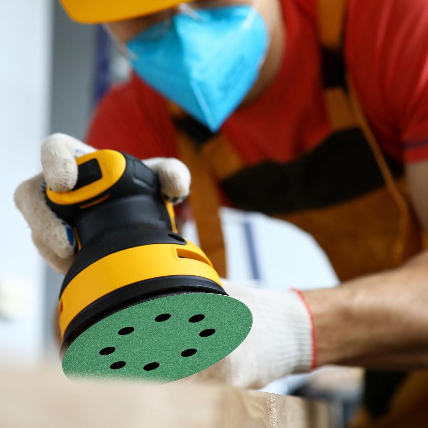 JUNDOO 40 Grit 5 Inch 8 Hole Green Film Hook and Loop Sanding Discs for Automotive and Woodworking 25 Pcs