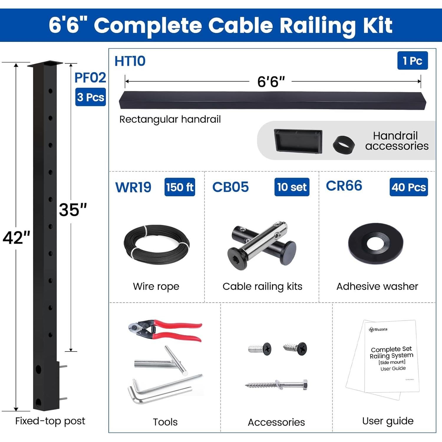 Kit Completo Barandilla de Cable Muzata 36" Montaje Lateral Negro