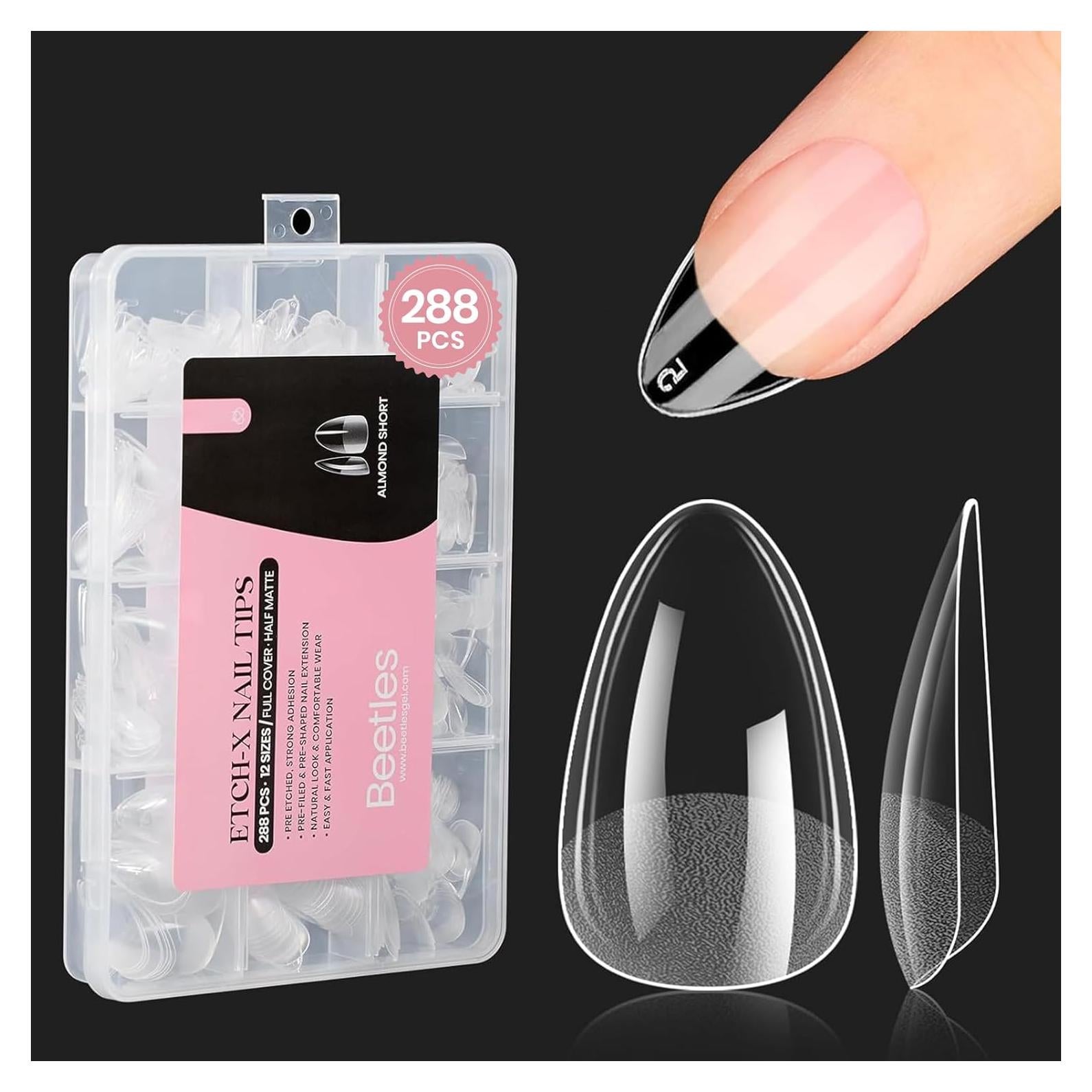 Consejos de Uñas Almendras Cortas Beetles 288 PCS Gel Mate