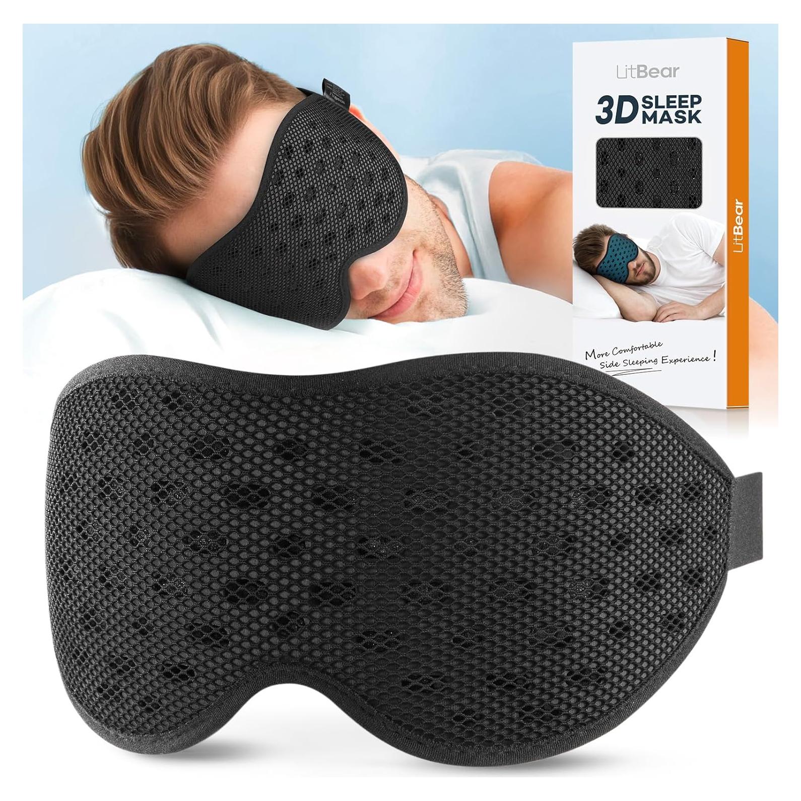 Mascarilla para dormir LitBear 3D ajustable negra - Bloqueo de luz