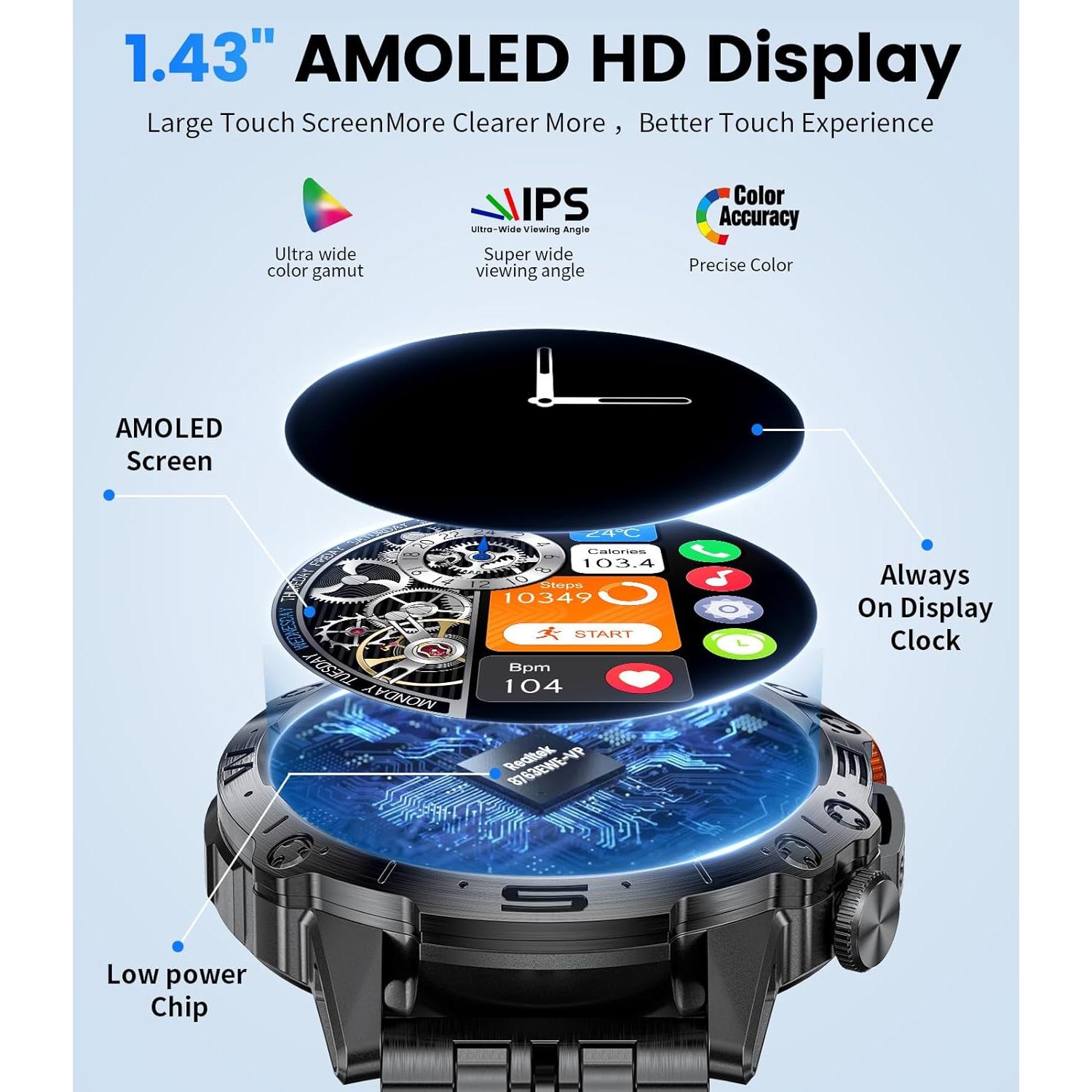 Military Smart Watch for Men(Answer/Dial Calls),1.43" AMOLED Always-on Display,Fitness Tracker 126+ Sports Modes/IP68/Heart Rate/Sleep/SpO2/Blood Pressure,Tactical Outdoor Rugged Watch for iOS Android