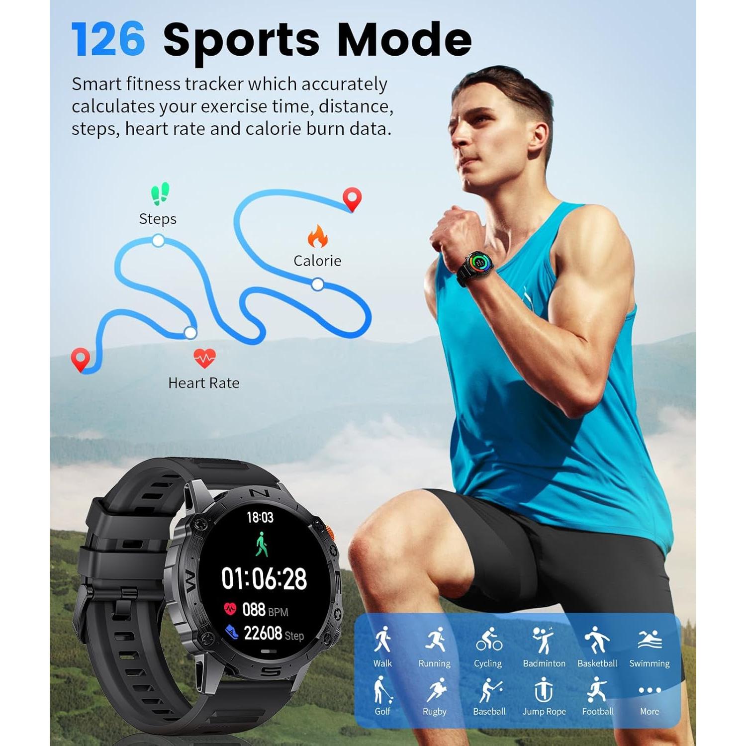 Military Smart Watch for Men(Answer/Dial Calls),1.43" AMOLED Always-on Display,Fitness Tracker 126+ Sports Modes/IP68/Heart Rate/Sleep/SpO2/Blood Pressure,Tactical Outdoor Rugged Watch for iOS Android