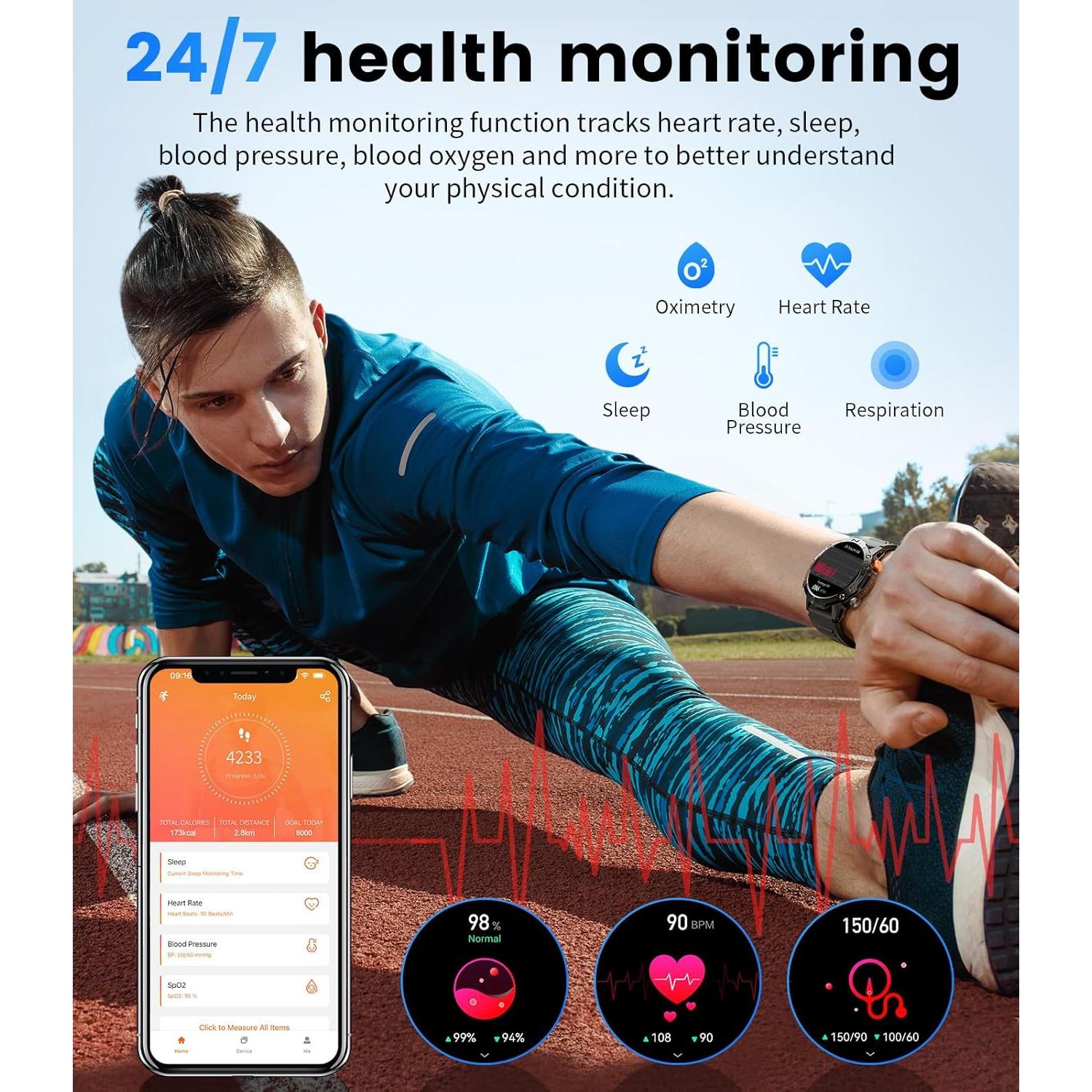 Military Smart Watch for Men(Answer/Dial Calls),1.43" AMOLED Always-on Display,Fitness Tracker 126+ Sports Modes/IP68/Heart Rate/Sleep/SpO2/Blood Pressure,Tactical Outdoor Rugged Watch for iOS Android