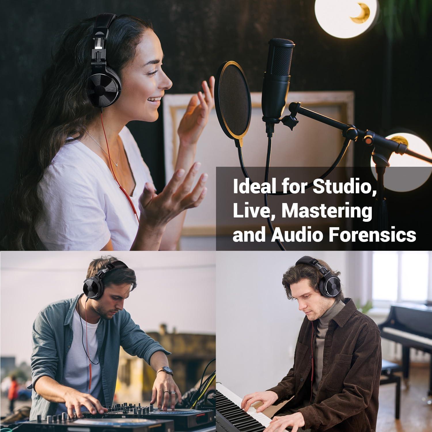 Wired Over Ear Headphones Hi-Res Studio Monitor & Mixing DJ Stereo Headsets with 50mm Drivers and 1/4 to 3.5mm Jack for AMP Computer Recording Podcast Keyboard Guitar Laptop - Black