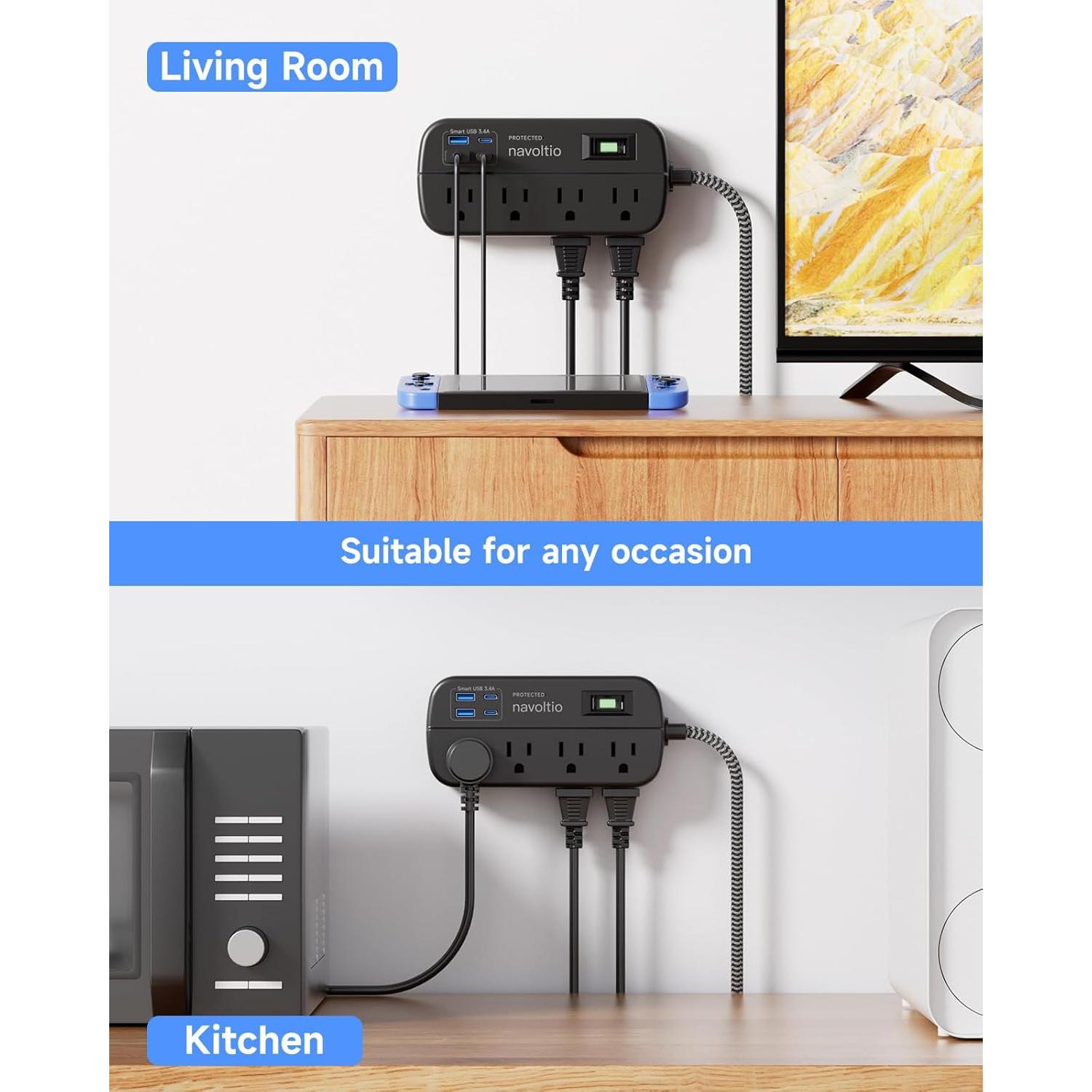 Regleta de Protección Navoltio 8 Salidas AC 4 USB Carga Rápida