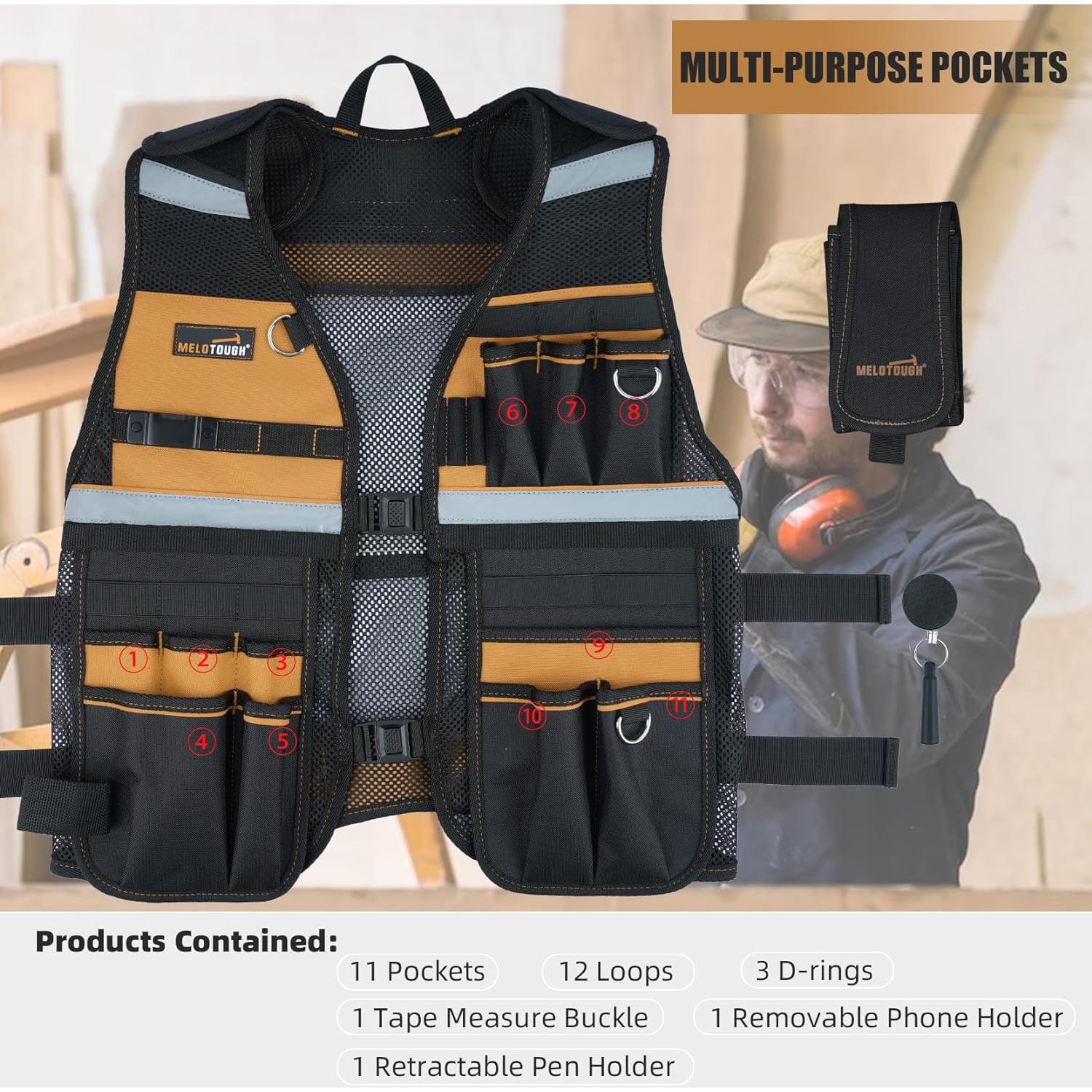 Chaleco de Herramientas MELOTOUGH Ajustable con 11 Bolsillos