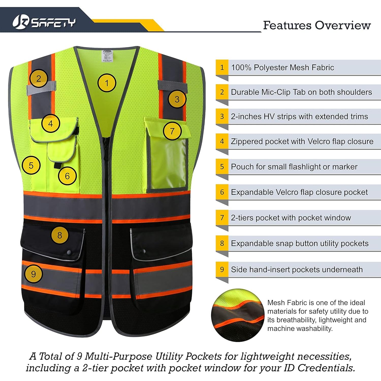 Chaleco de Seguridad JKSafety XL Alta Visibilidad 9 Bolsillos