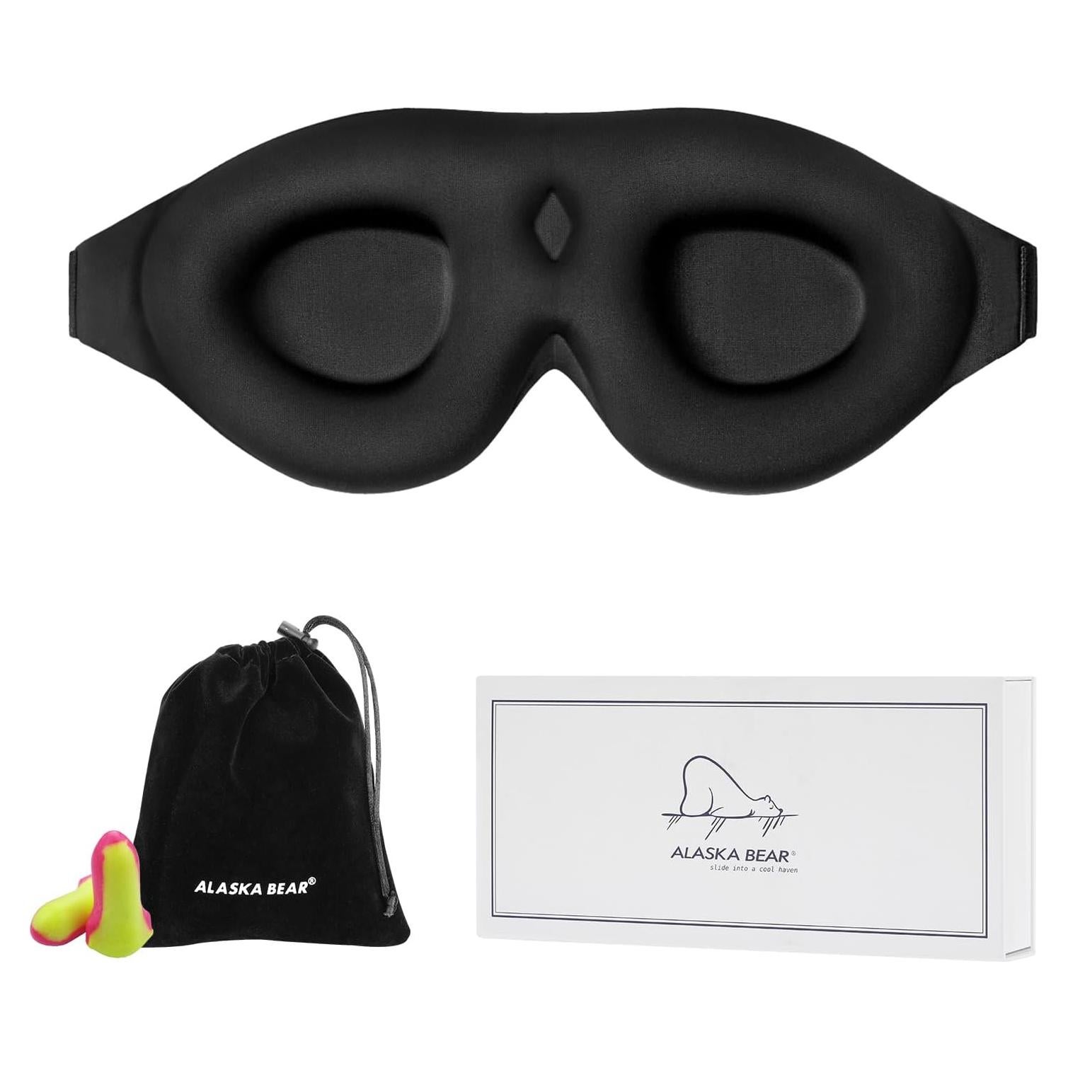 Mascarilla de Sueño Alaska Bear 3D Negra con Tapones para Oídos