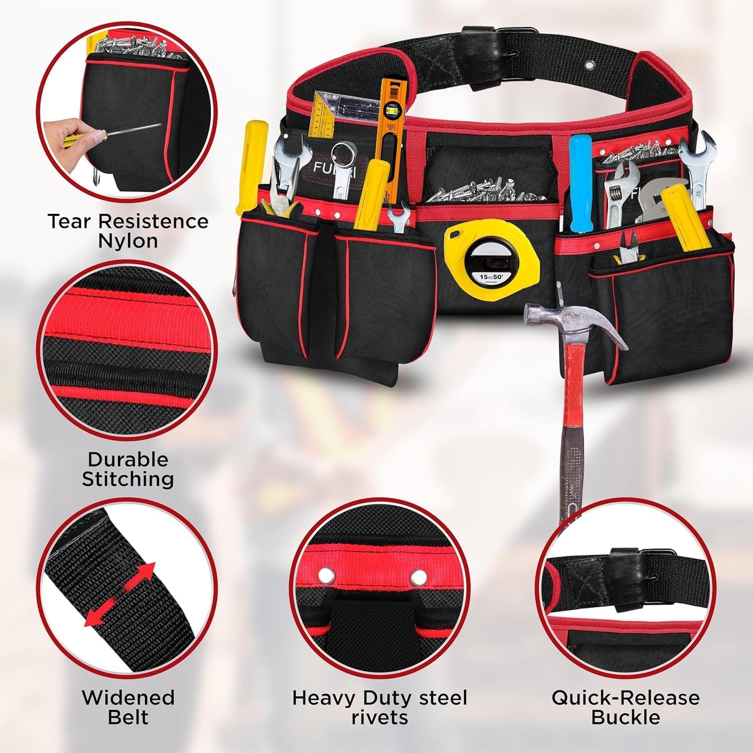 Cinturón de Herramientas FUERI 23 Bolsillos Nylon Negro/Rojo