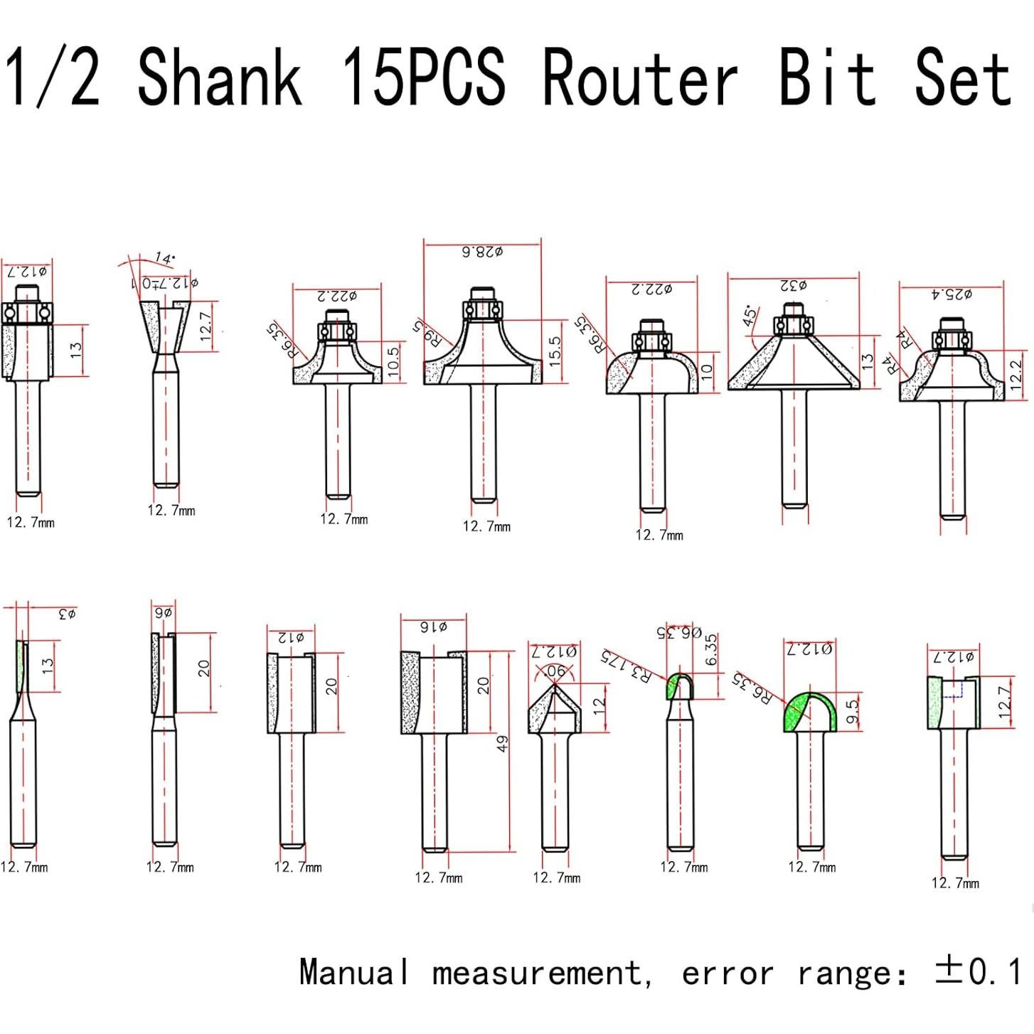 Juego de Brocas de Router 15 Piezas CHCYWJGJ 1/2" Vástago