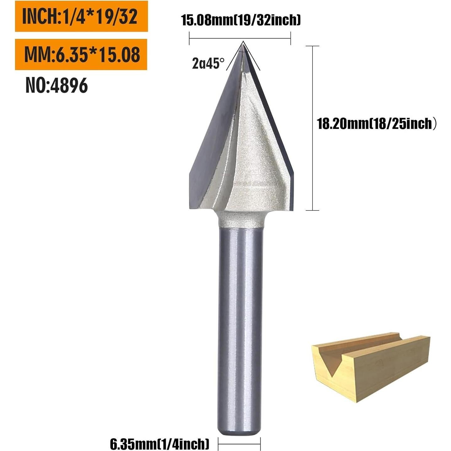 Broca en V 45 Grados HUHAO 1/4" Mango 19/32" Corte CNC Madera