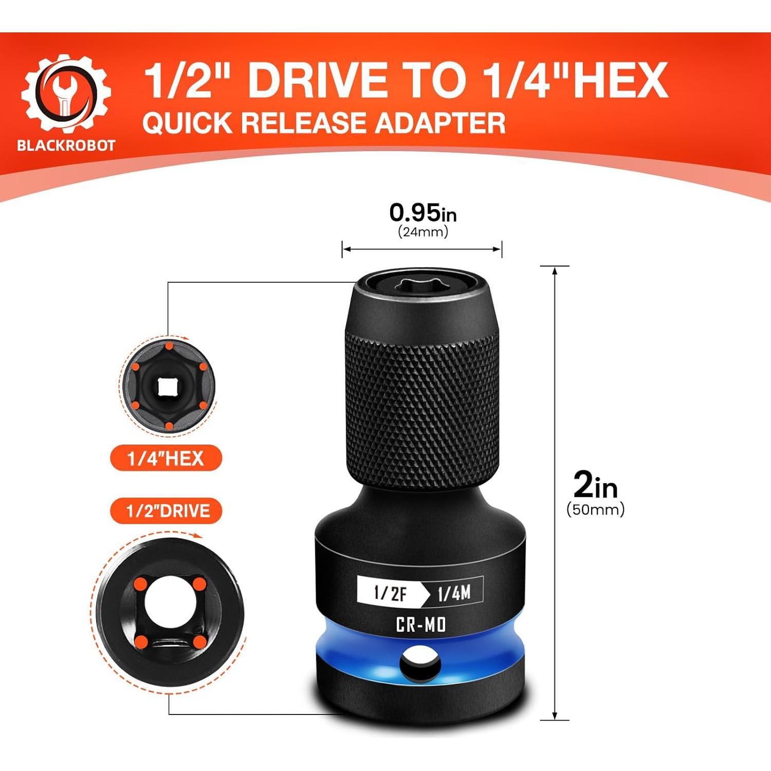 Adaptador de Impacto BLACKROBOT 1/2" a 1/4" Acero CR-MO