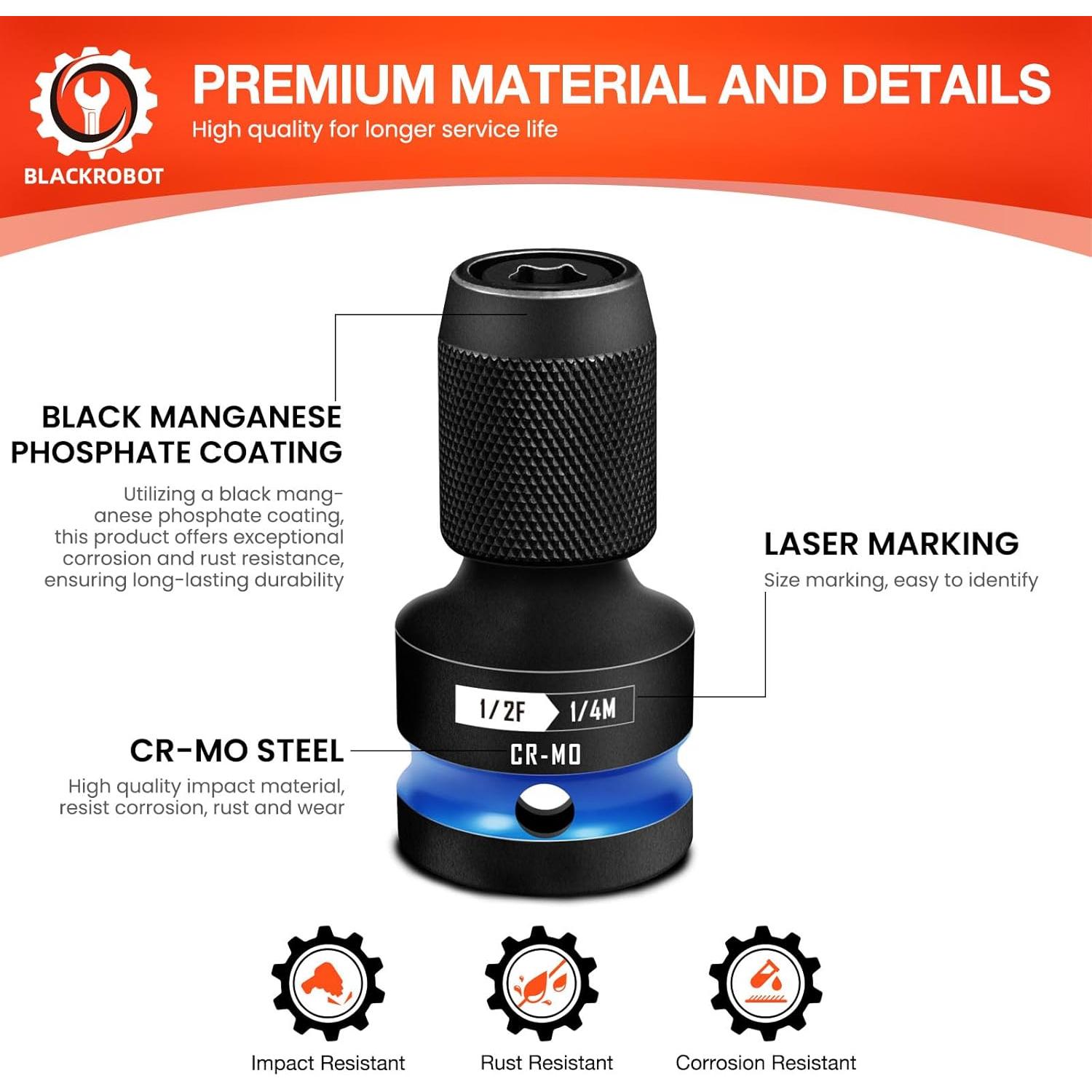 Adaptador de Impacto BLACKROBOT 1/2" a 1/4" Acero CR-MO