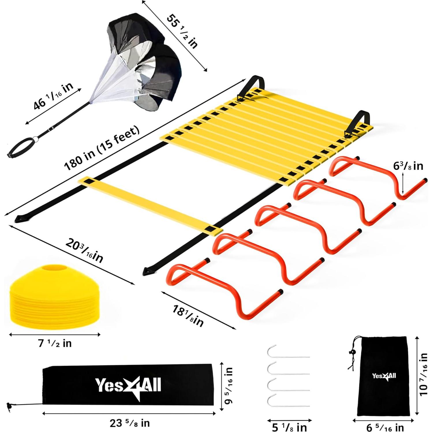 Yes4All Escalera de Agilidad Ajustable + 12 Conos + Vallas