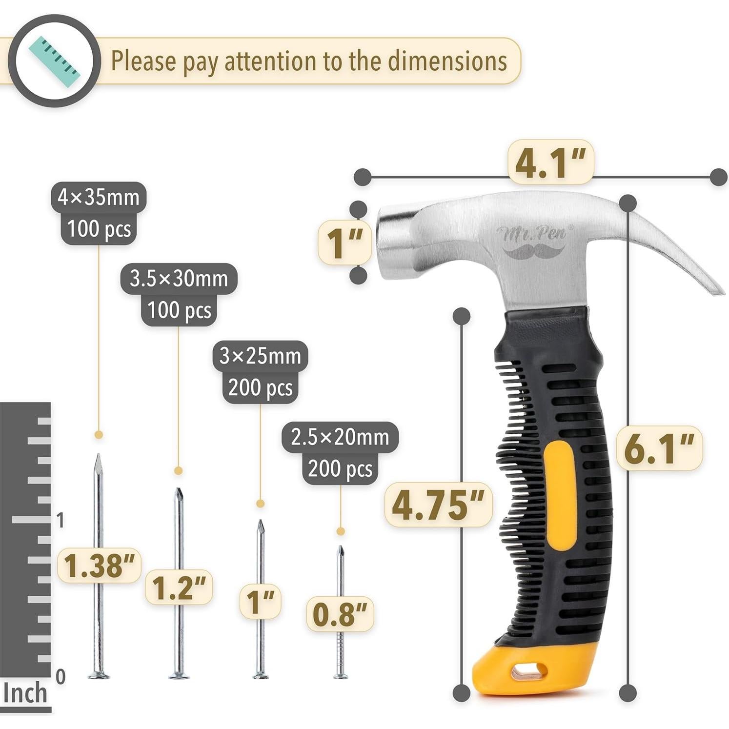 Kit Martillo y Clavos Mr. Pen 600 Pcs 8oz (226g) Amarillo