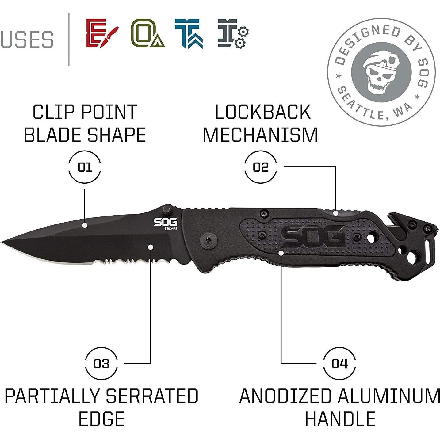 Cuchillo Plegable SOG Escape 8.64 cm Negro con Rompe Cristales