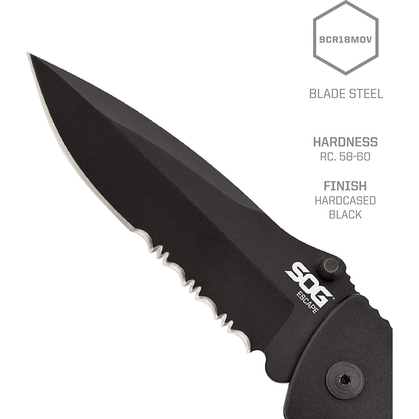 Cuchillo Plegable SOG Escape 8.64 cm Negro con Rompe Cristales