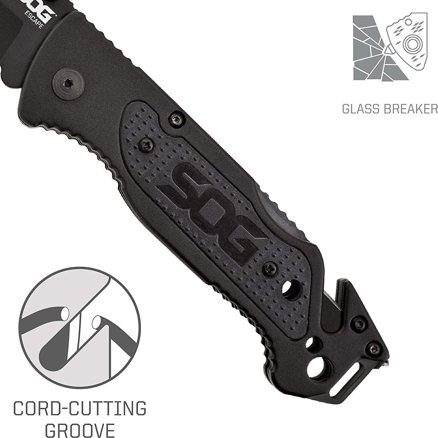 Cuchillo Plegable SOG Escape 8.64 cm Negro con Rompe Cristales