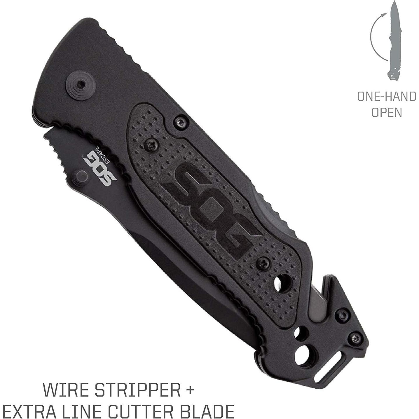 Cuchillo Plegable SOG Escape 8.64 cm Negro con Rompe Cristales