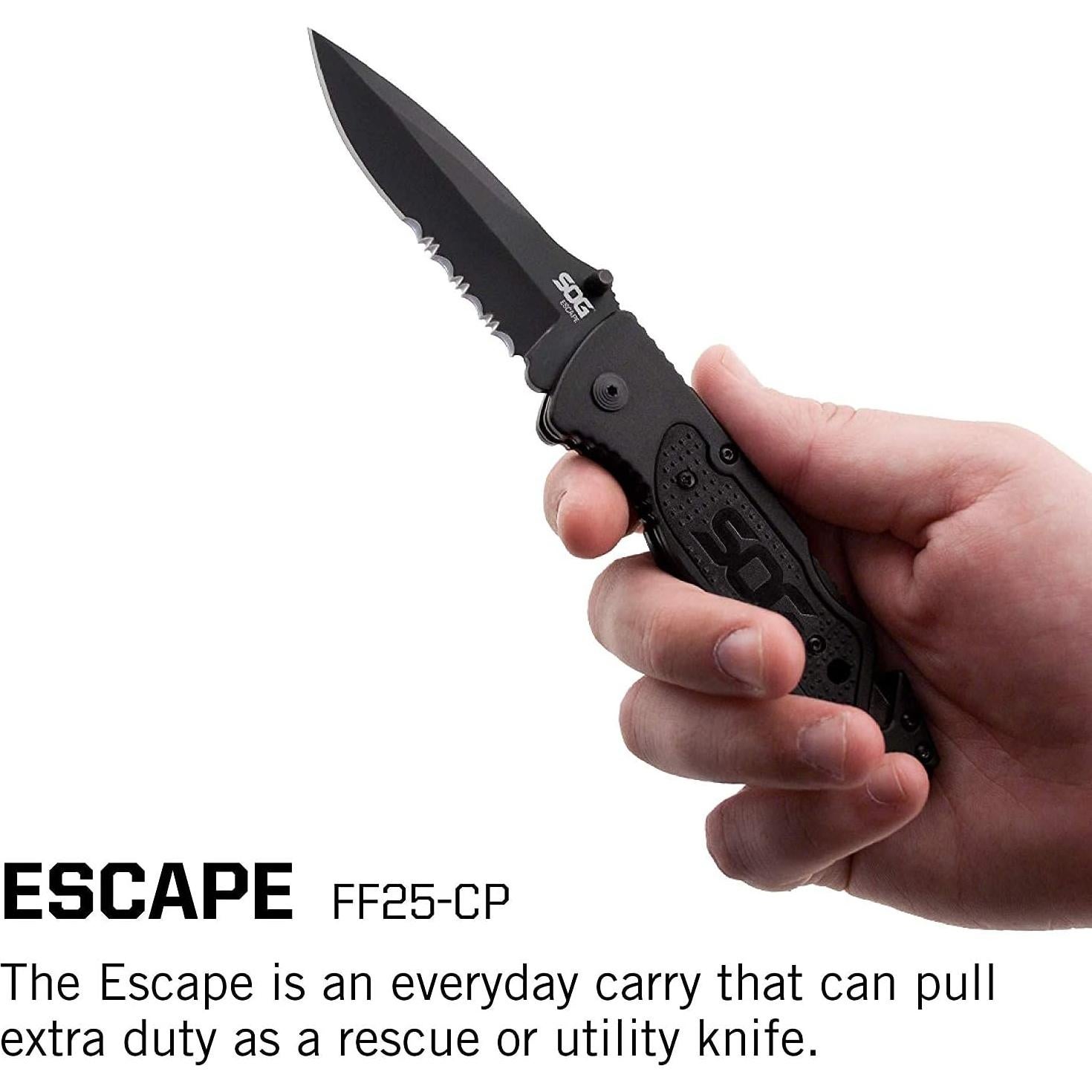 Cuchillo Plegable SOG Escape 8.64 cm Negro con Rompe Cristales