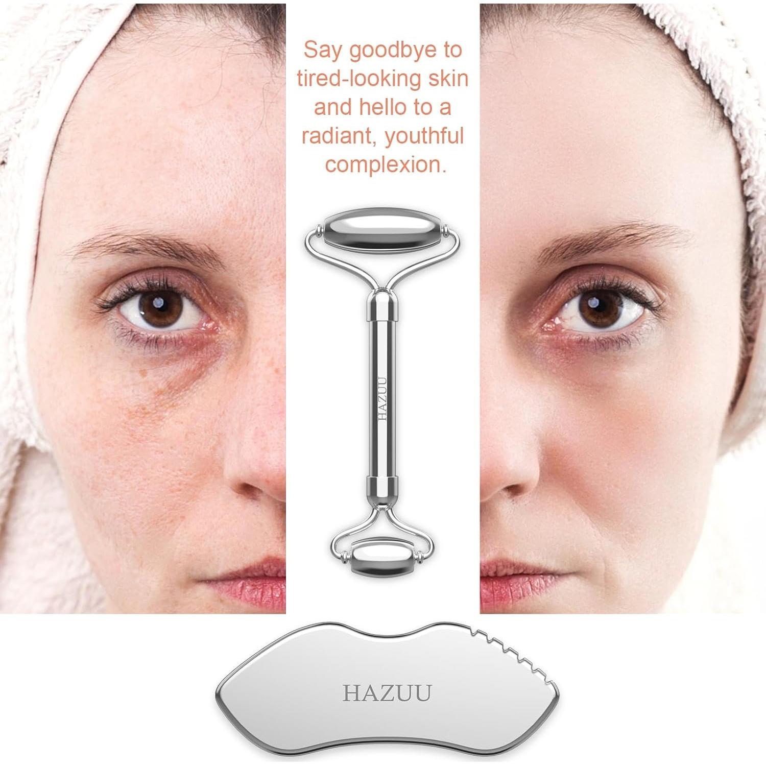Gua Sha Facial Acero Inoxidable HAZUU - Kit Masaje Antienvejecimiento