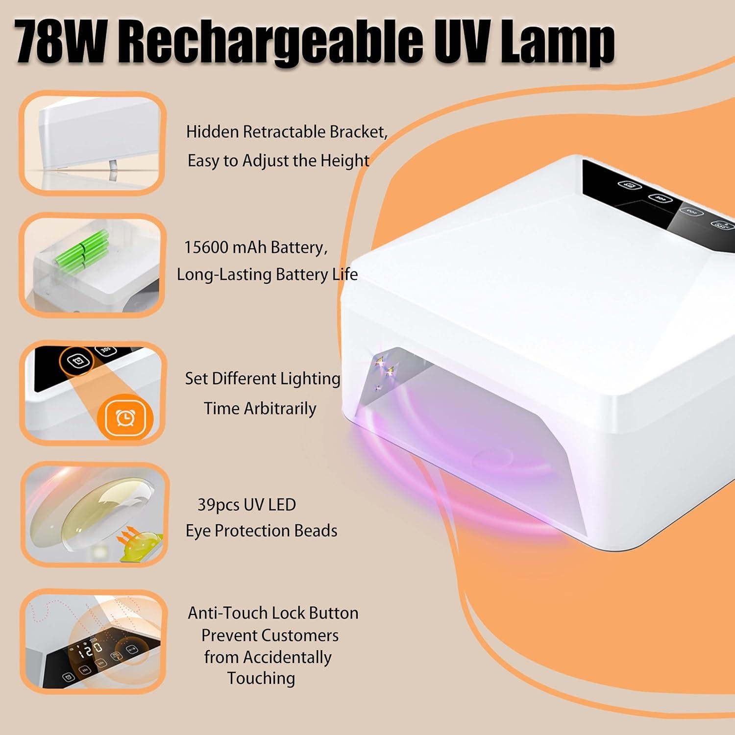 Lámpara UV LED Recargable 78W Gerui con Soporte Telescópico