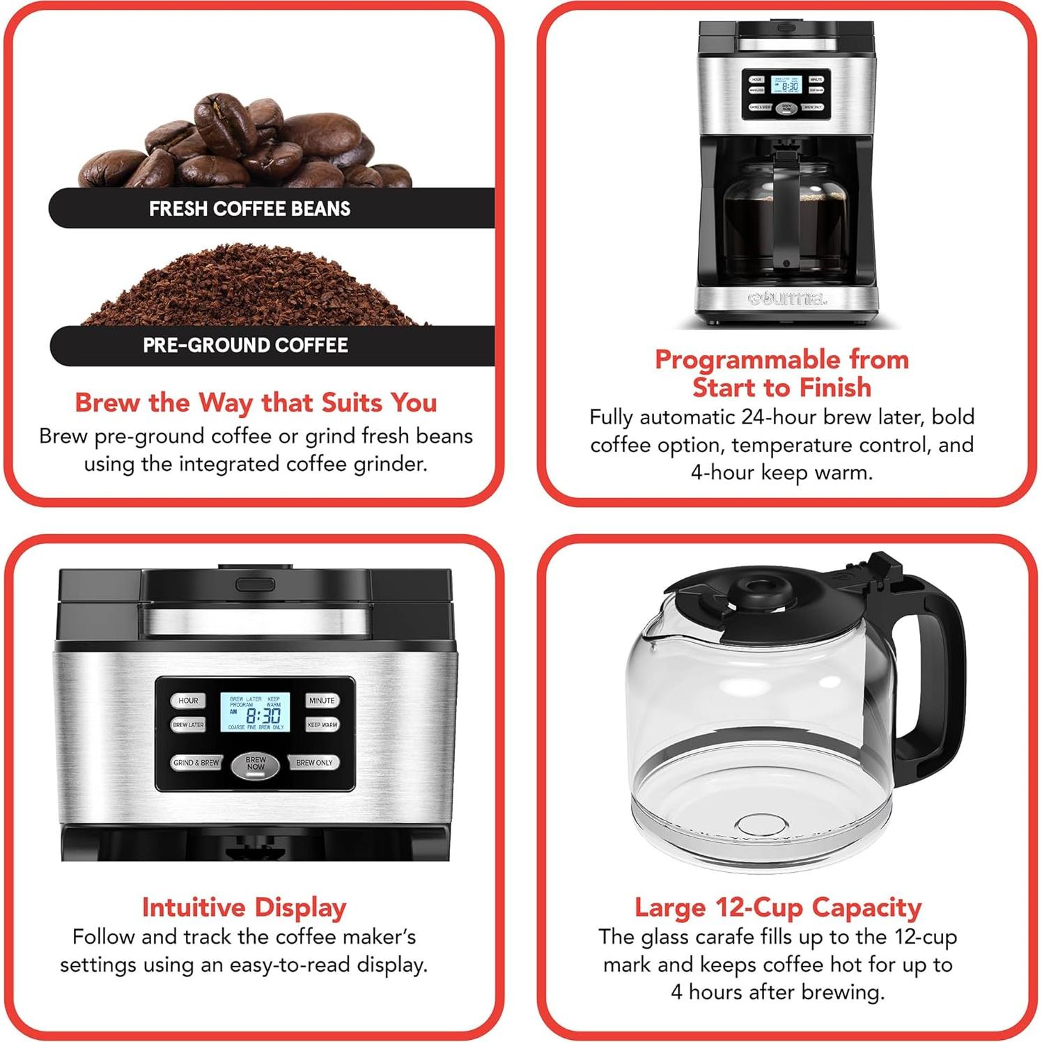 Cafetera Gourmia GCM3180 12 Tazas Automática con Molinillo