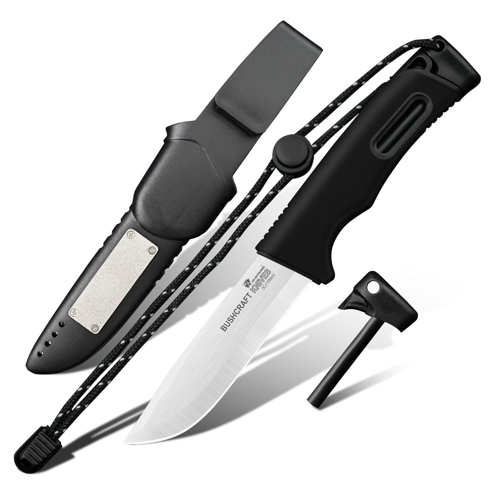 HX OUTDOORS Extra Sharp Bushcraft Knife, 5Cr15MoV Stainless Steel Fixed Blade Survival Camping Knife with Fire Starter and Plastic Sheath for Outdoor, Backpacking (Black)