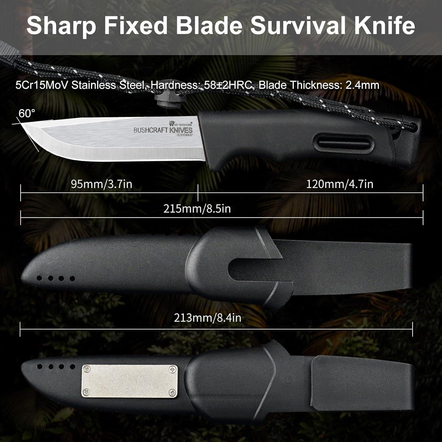 HX OUTDOORS Extra Sharp Bushcraft Knife, 5Cr15MoV Stainless Steel Fixed Blade Survival Camping Knife with Fire Starter and Plastic Sheath for Outdoor, Backpacking (Black)