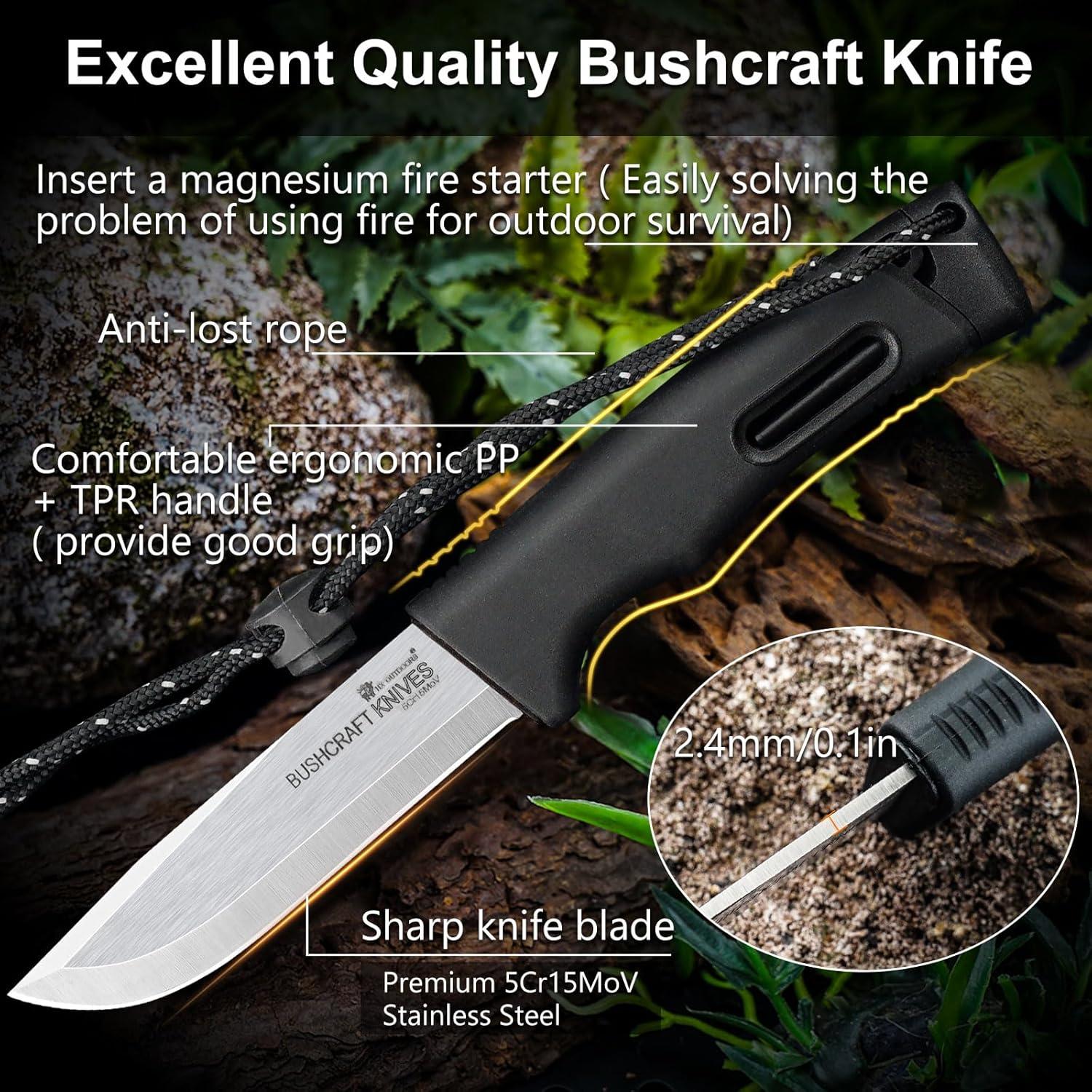 HX OUTDOORS Extra Sharp Bushcraft Knife, 5Cr15MoV Stainless Steel Fixed Blade Survival Camping Knife with Fire Starter and Plastic Sheath for Outdoor, Backpacking (Black)