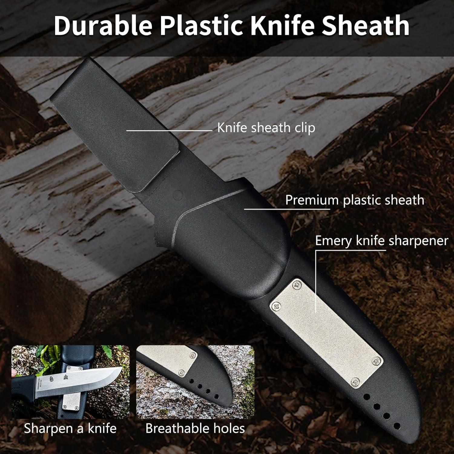 HX OUTDOORS Extra Sharp Bushcraft Knife, 5Cr15MoV Stainless Steel Fixed Blade Survival Camping Knife with Fire Starter and Plastic Sheath for Outdoor, Backpacking (Black)