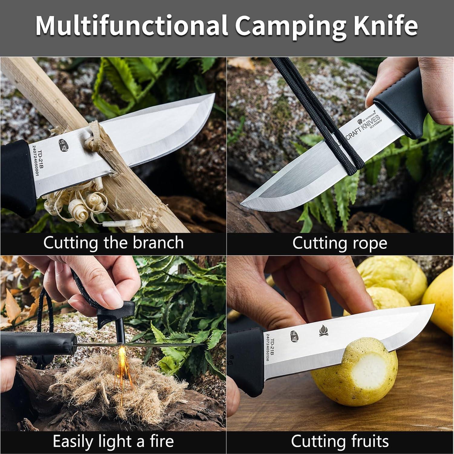 HX OUTDOORS Extra Sharp Bushcraft Knife, 5Cr15MoV Stainless Steel Fixed Blade Survival Camping Knife with Fire Starter and Plastic Sheath for Outdoor, Backpacking (Black)