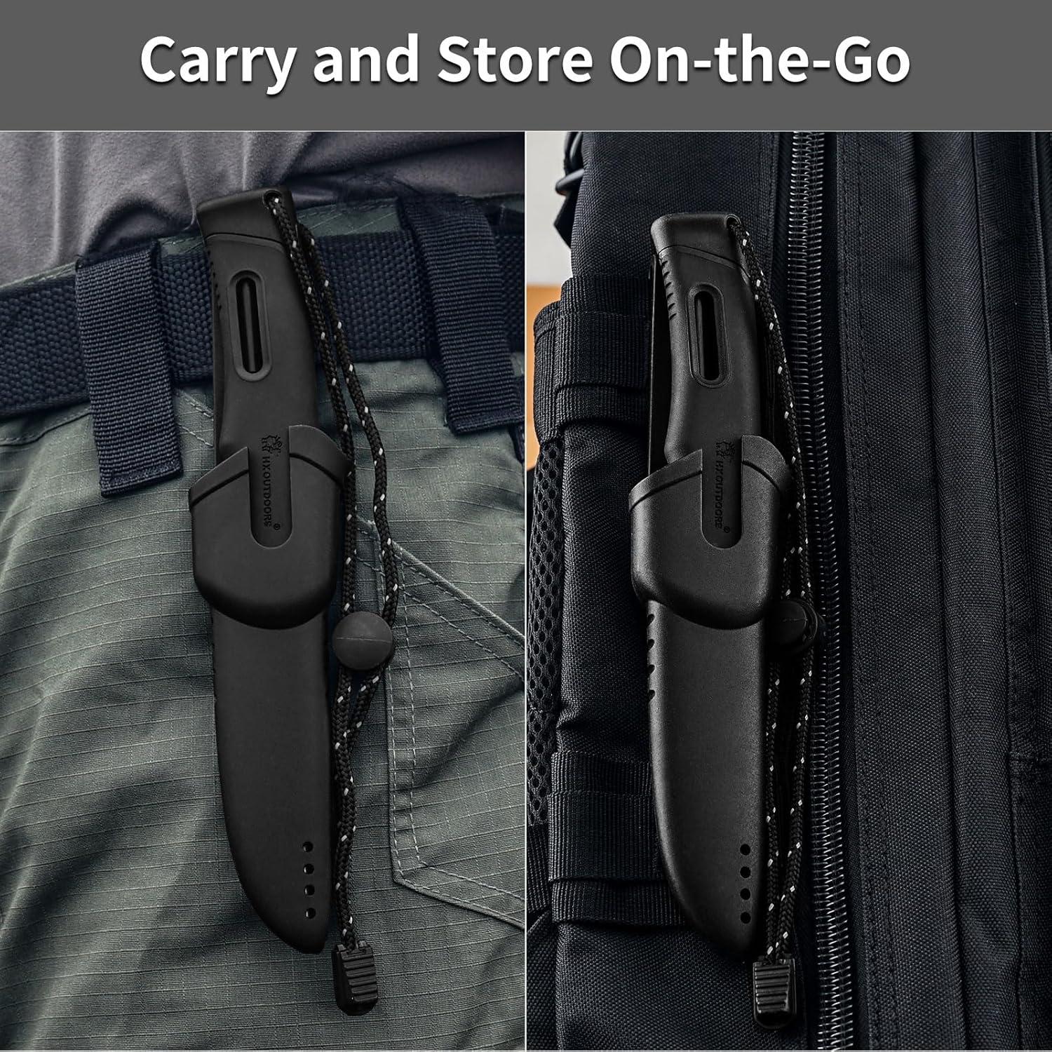 HX OUTDOORS Extra Sharp Bushcraft Knife, 5Cr15MoV Stainless Steel Fixed Blade Survival Camping Knife with Fire Starter and Plastic Sheath for Outdoor, Backpacking (Black)