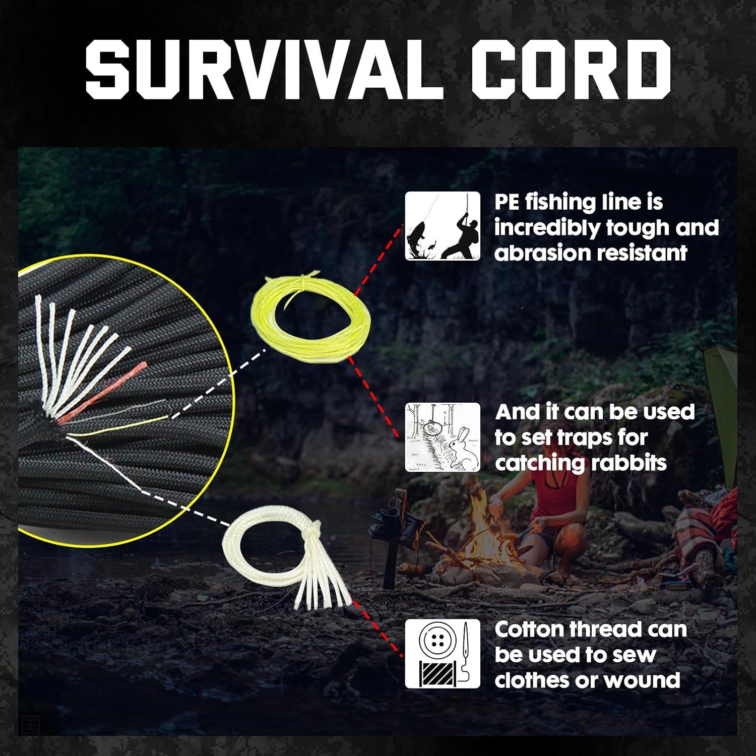 Survival Paracord 550 Fire Paracord Survivor Cord Nlyon Rope 10 Strands US Military Type III 550 Parachute Cord with Integrated Fishing Line, Fire-Starter Tinder 4 in 1