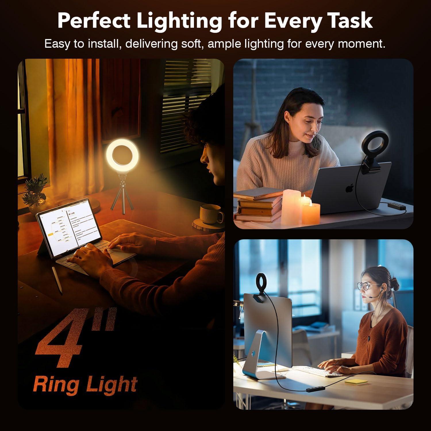 Ring Light for Laptop/Computer,Zoom Call, 4'' Small Video Conference Lighting with Webcam Style Mount and Tripod,3 Light Modes&10 Brightness Levels,Selfie
