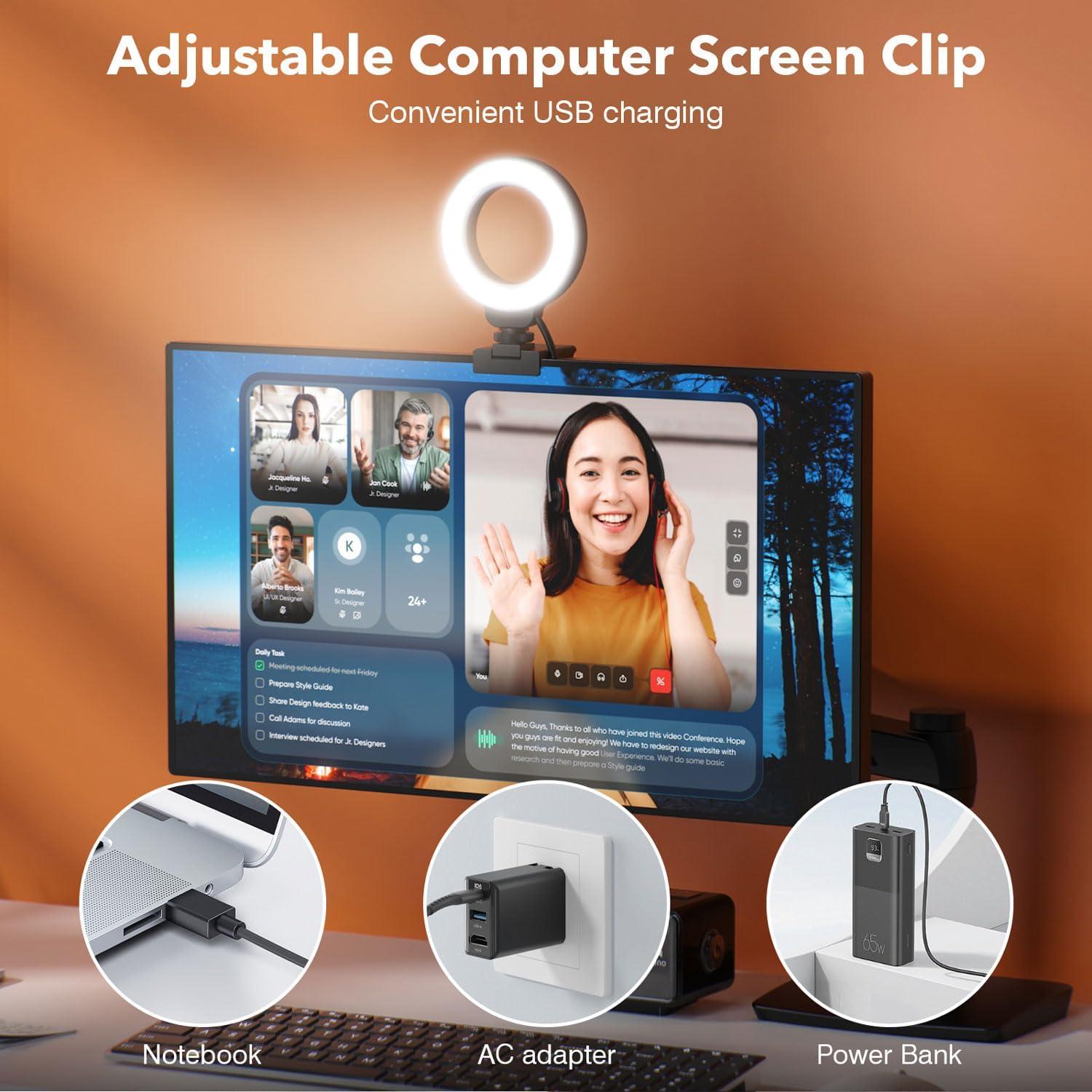 Ring Light for Laptop/Computer,Zoom Call, 4'' Small Video Conference Lighting with Webcam Style Mount and Tripod,3 Light Modes&10 Brightness Levels,Selfie