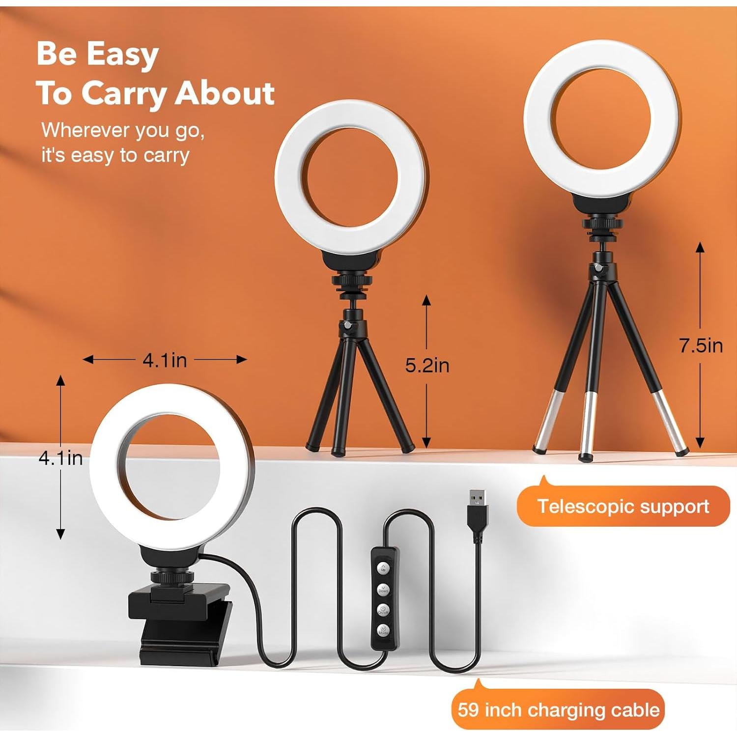 Ring Light for Laptop/Computer,Zoom Call, 4'' Small Video Conference Lighting with Webcam Style Mount and Tripod,3 Light Modes&10 Brightness Levels,Selfie