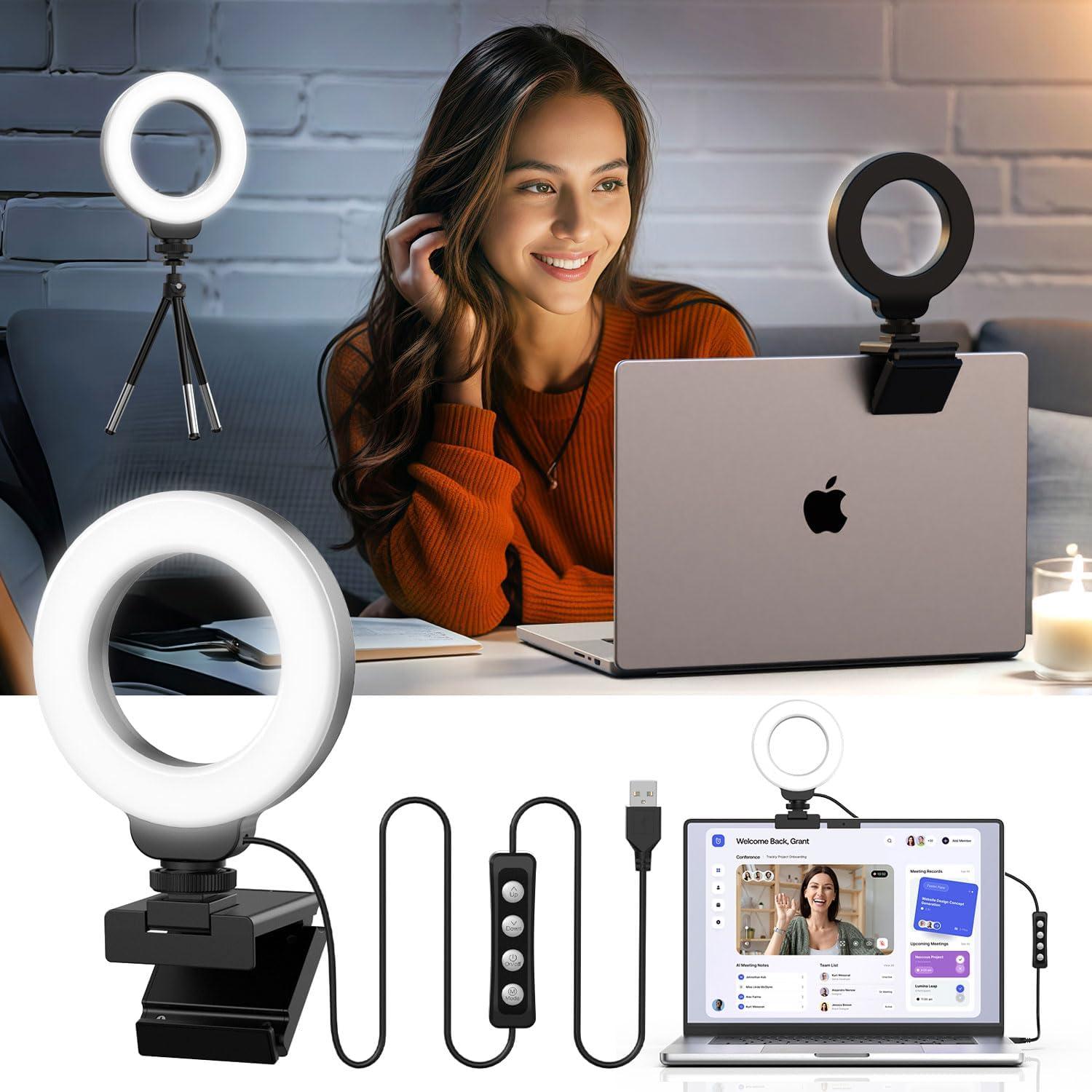 Ring Light for Laptop/Computer,Zoom Call, 4'' Small Video Conference Lighting with Webcam Style Mount and Tripod,3 Light Modes&10 Brightness Levels,Selfie