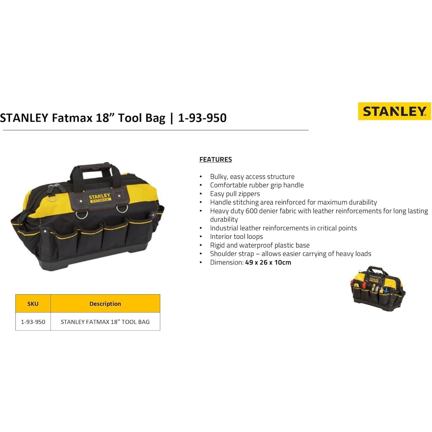 Bolsa de Herramientas Stanley FatMax 46 cm, 600 Denier, Negro/Amarillo