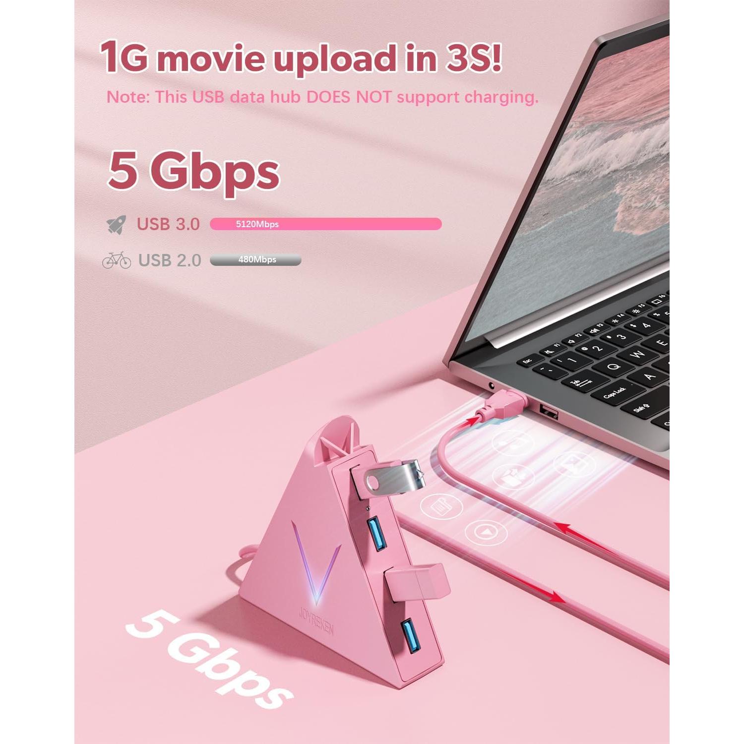 Hub USB 3.0 de 4 Puertos JoyReken Rosa 0.61 m